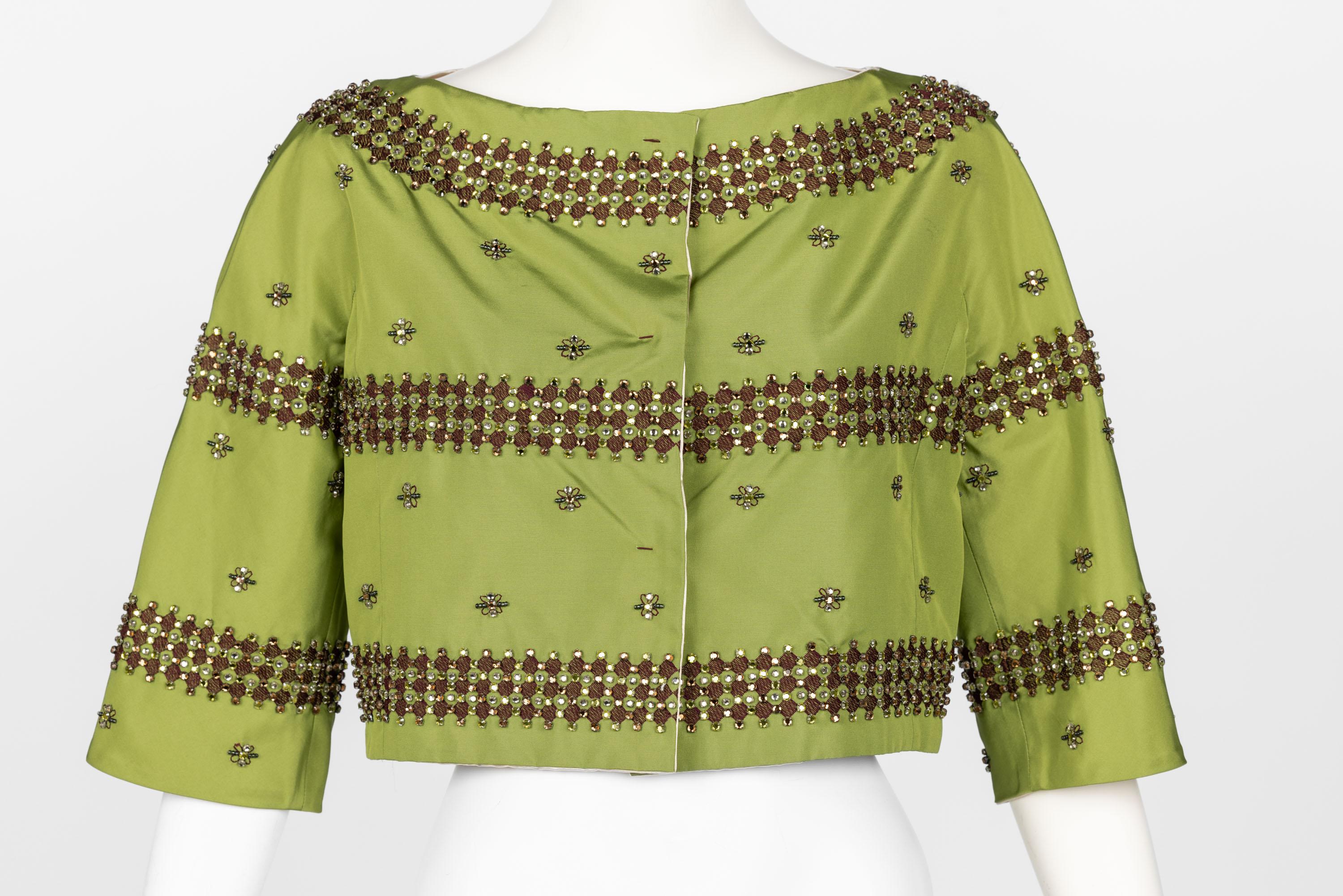 Women's Prada F/W 2004 Green Silk Crystal Embellished Cropped Jacket Limited Edition For Sale