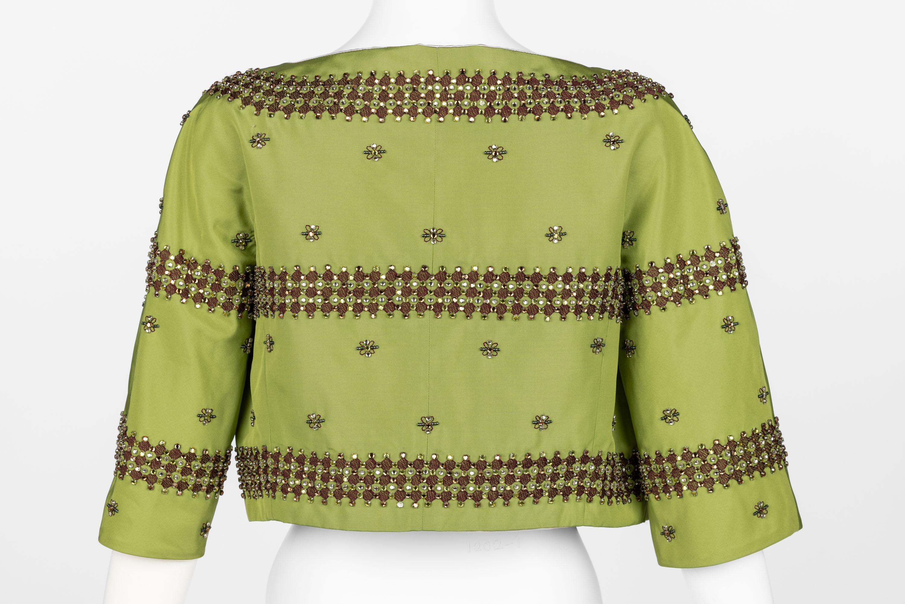Prada F/W 2004 Green Silk Crystal Embellished Cropped Jacket Limited Edition For Sale 2