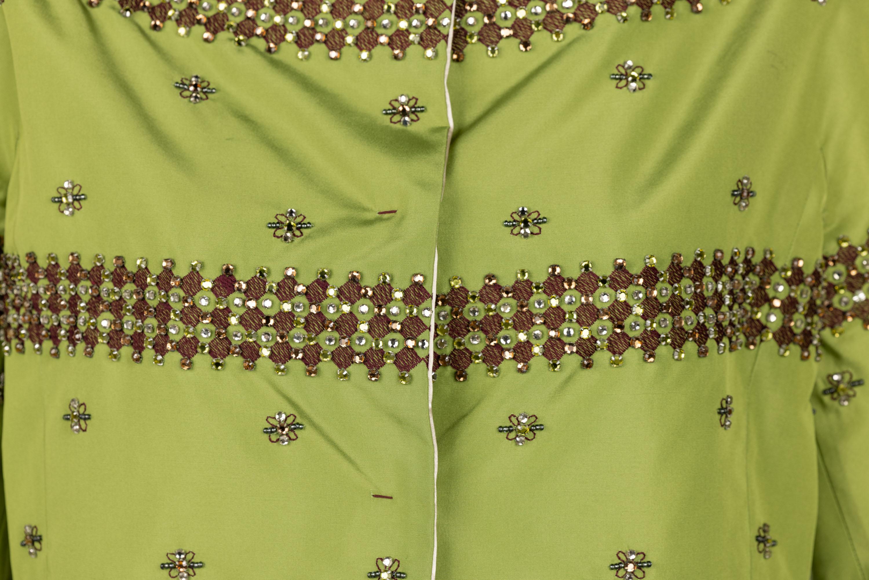 Prada F/W 2004 Green Silk Crystal Embellished Cropped Jacket Limited Edition For Sale 3