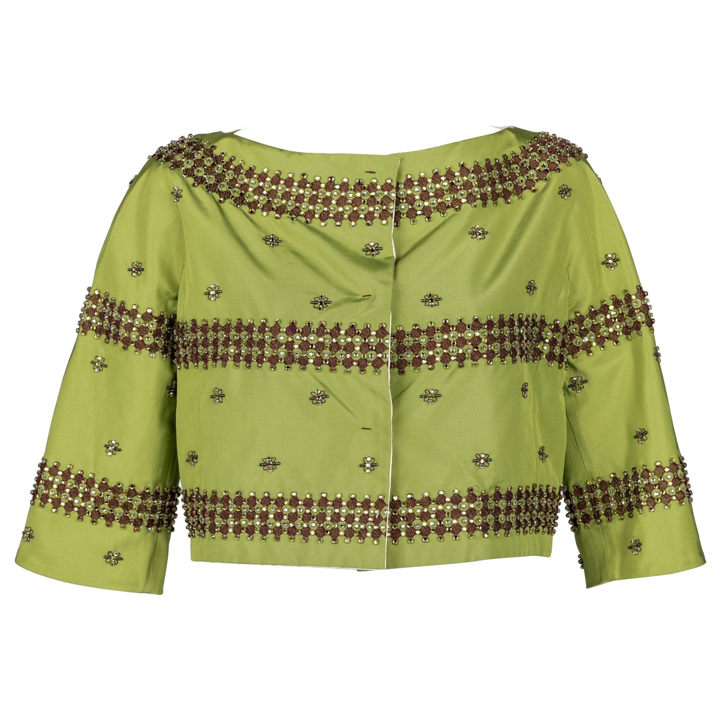 Prada H/W 2004 Grüne Cropped Jacke aus Seide mit Kristallverzierung Limitierte Auflage