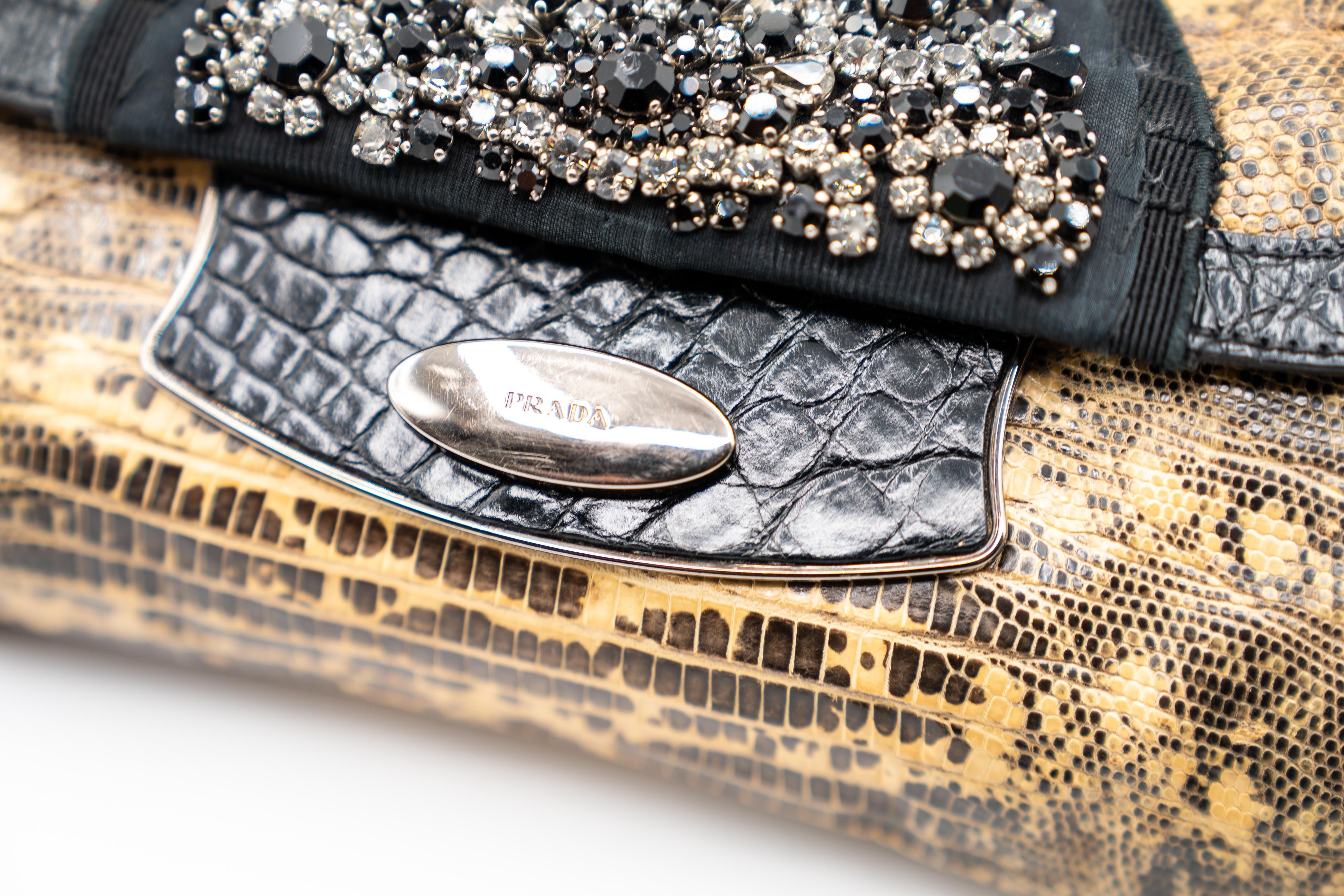 Prada F/W 2004 Lizard & Crocodile Crystal  Embellished Skipper Shoulder Bag For Sale 6