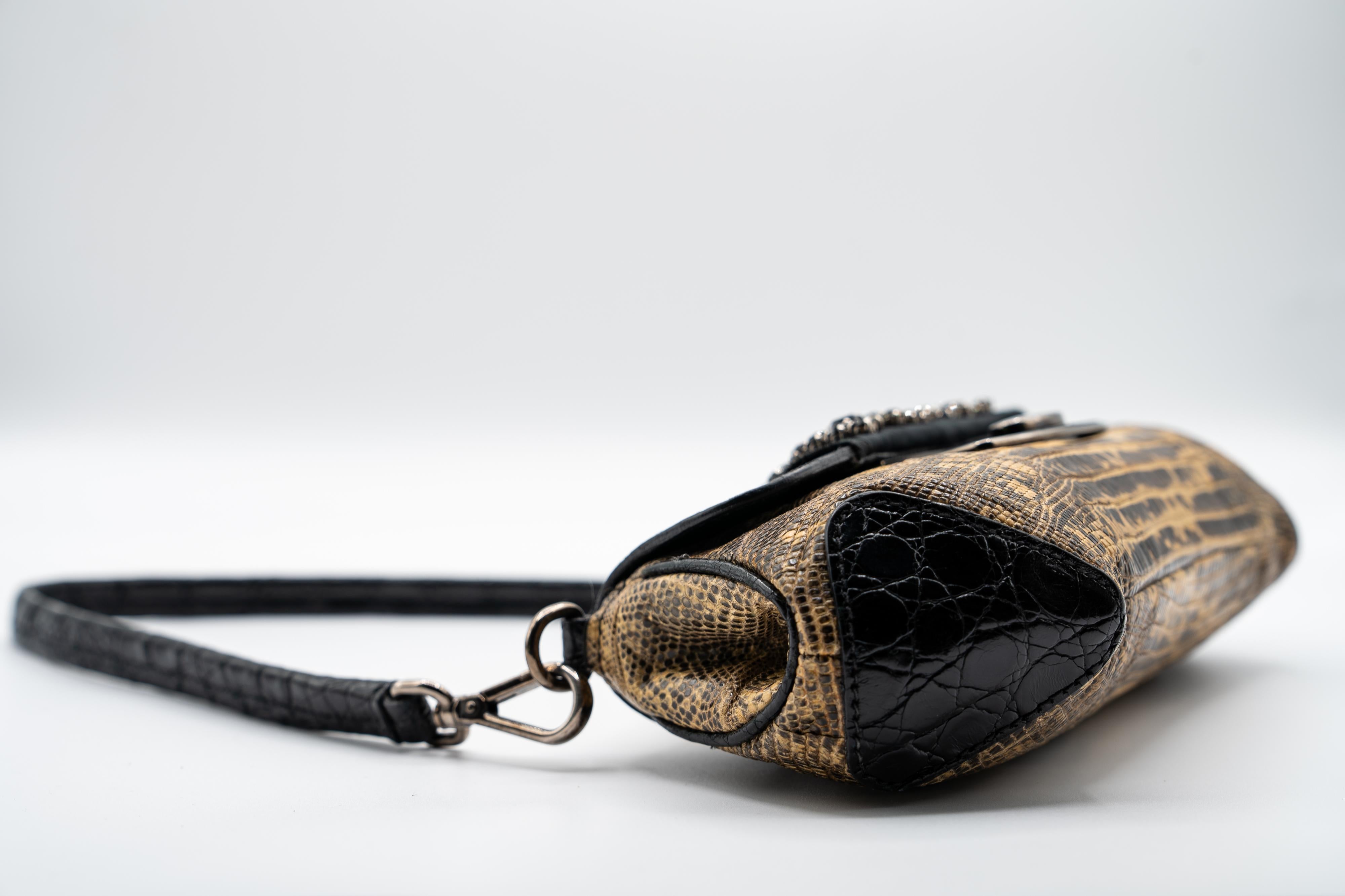 Black Prada F/W 2004 Lizard & Crocodile Crystal  Embellished Skipper Shoulder Bag For Sale
