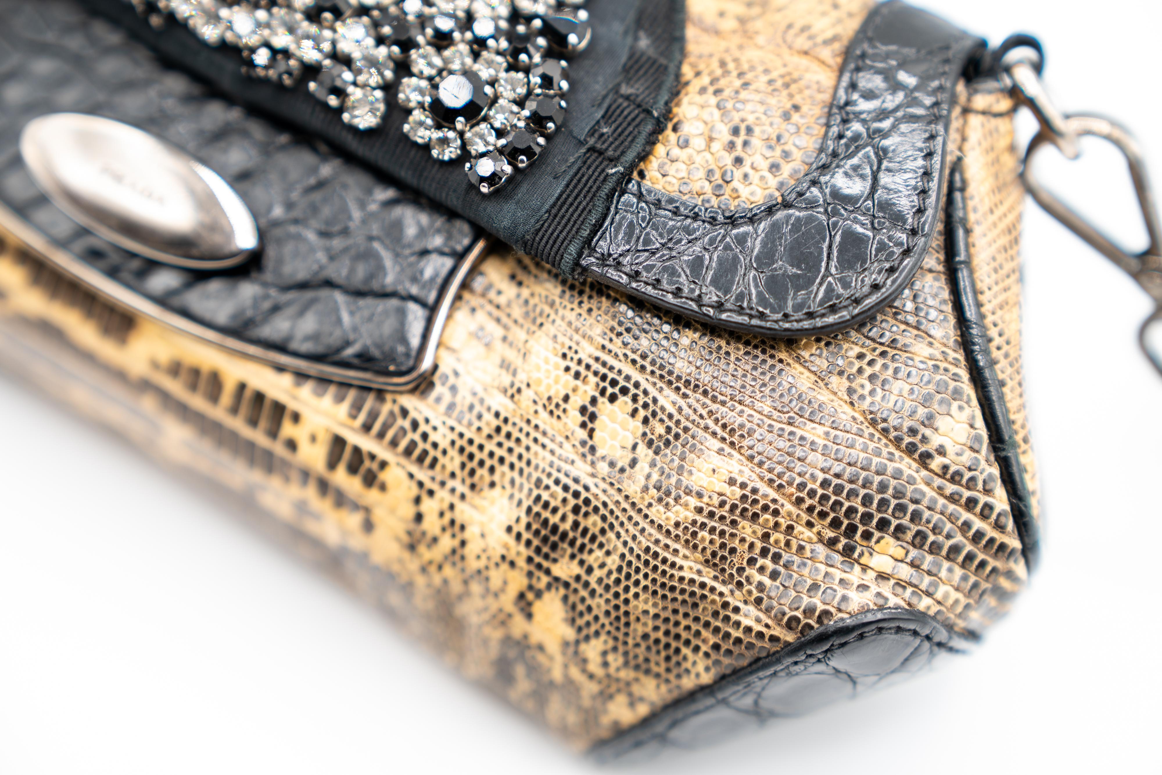 Prada F/W 2004 Lizard & Crocodile Crystal  Embellished Skipper Shoulder Bag For Sale 3