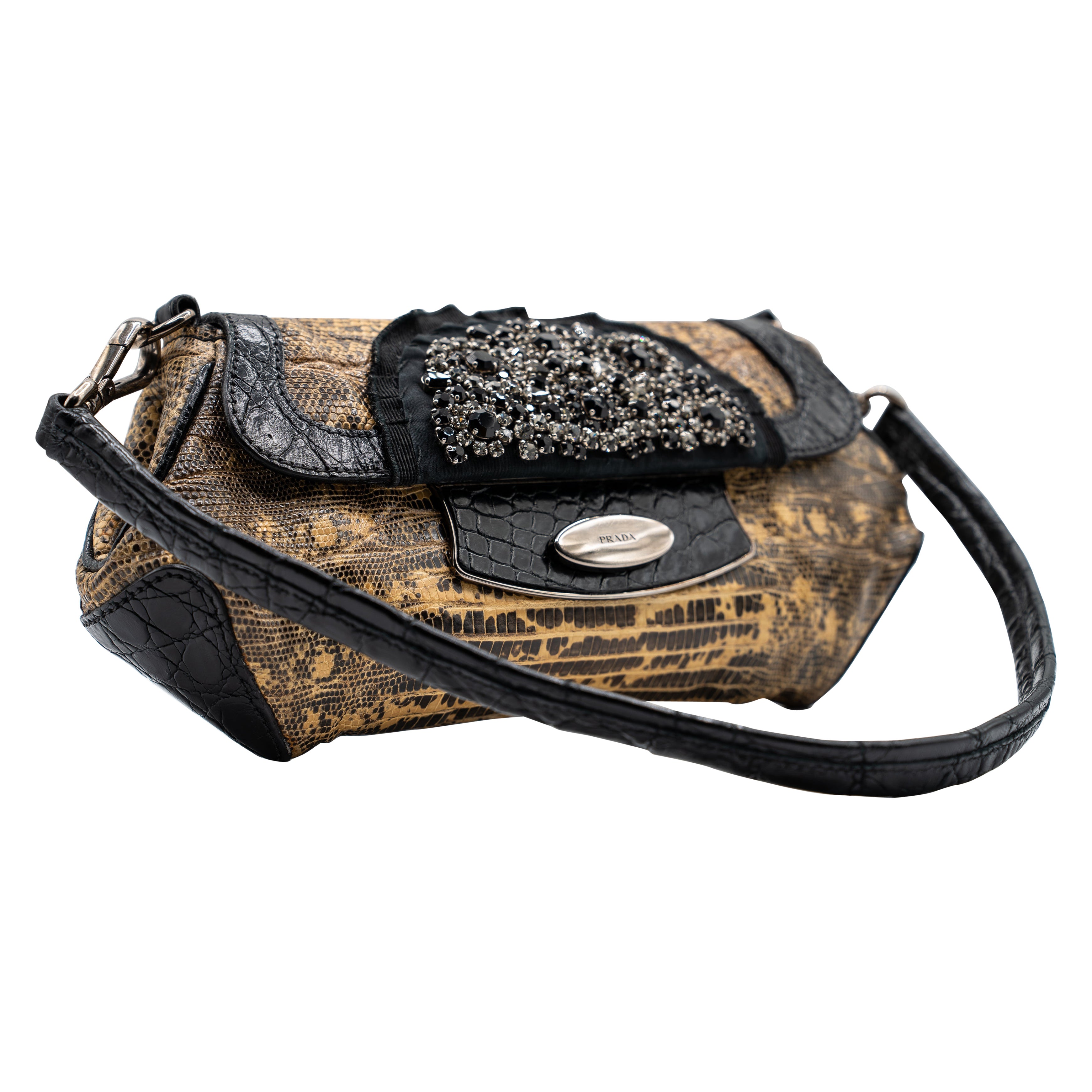 Prada F/W 2004 Lagarto y Cocodrilo Cristal  Bolso de hombro Skipper embellecido