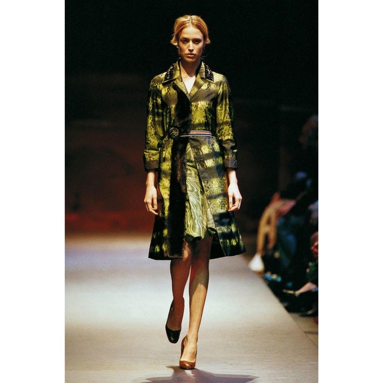 Prada F/W 2004 Runway Green Taffeta Mink Trim Crystal Belted Coat at ...