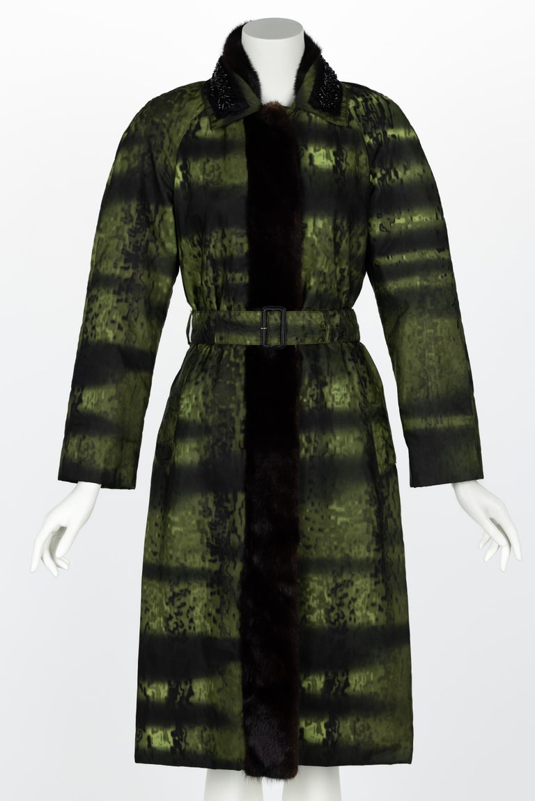 Prada F/W 2004 Runway Green Taffeta Mink Trim Crystal Belted Coat at ...
