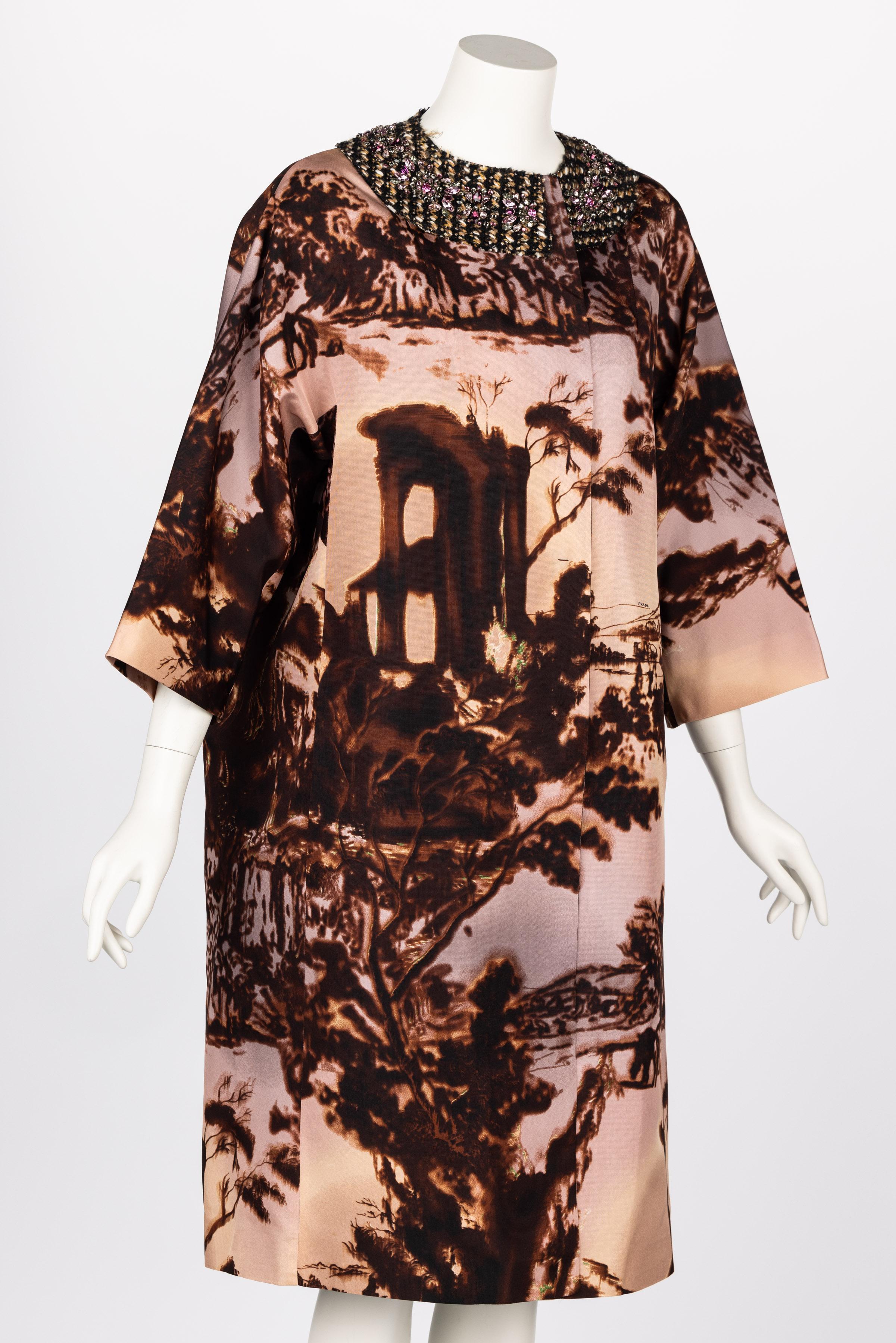 Prada  F/W 2004 Runway Silk Scenic Print Crystal Collar Coat In Excellent Condition For Sale In Boca Raton, FL