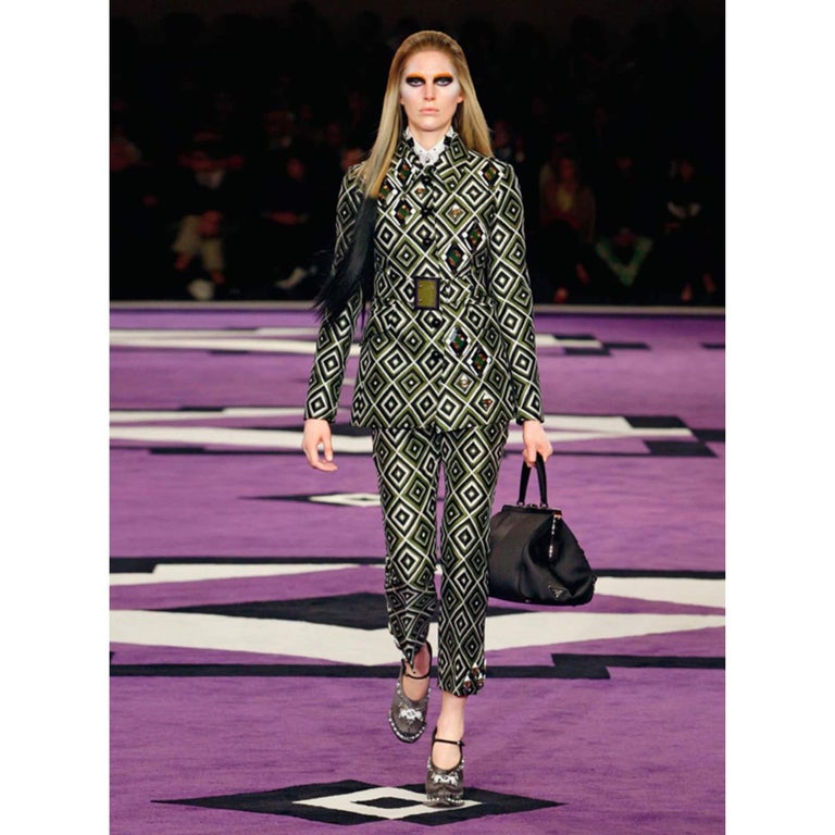 Prada F/W 2012 Geometric Print Crystal and Plexi Embellished Belted Jacket  For Sale at 1stDibs