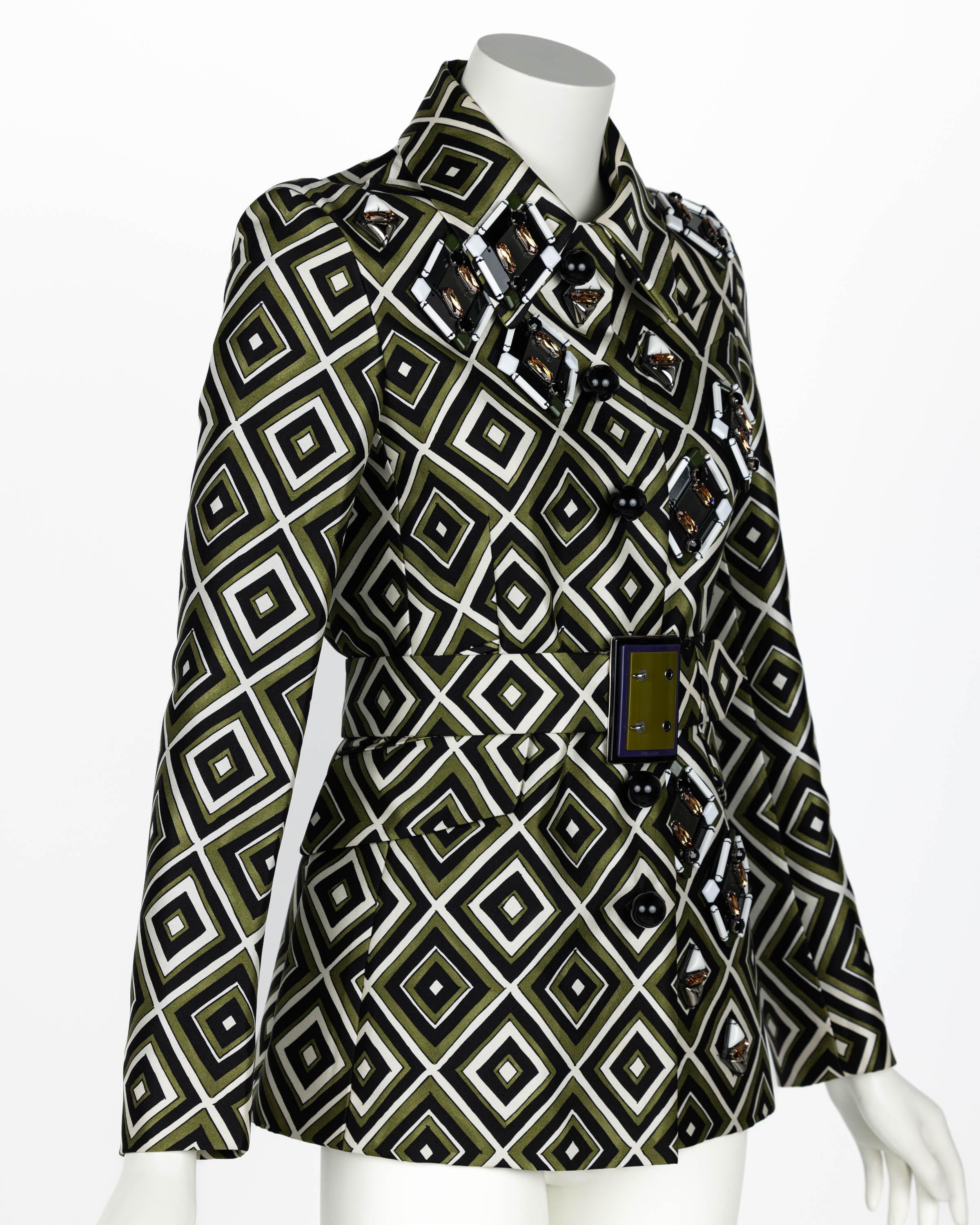 Prada F/W 2012 Geometric Print Crystal & Plexi Embellished Belted Jacket In Excellent Condition For Sale In Boca Raton, FL