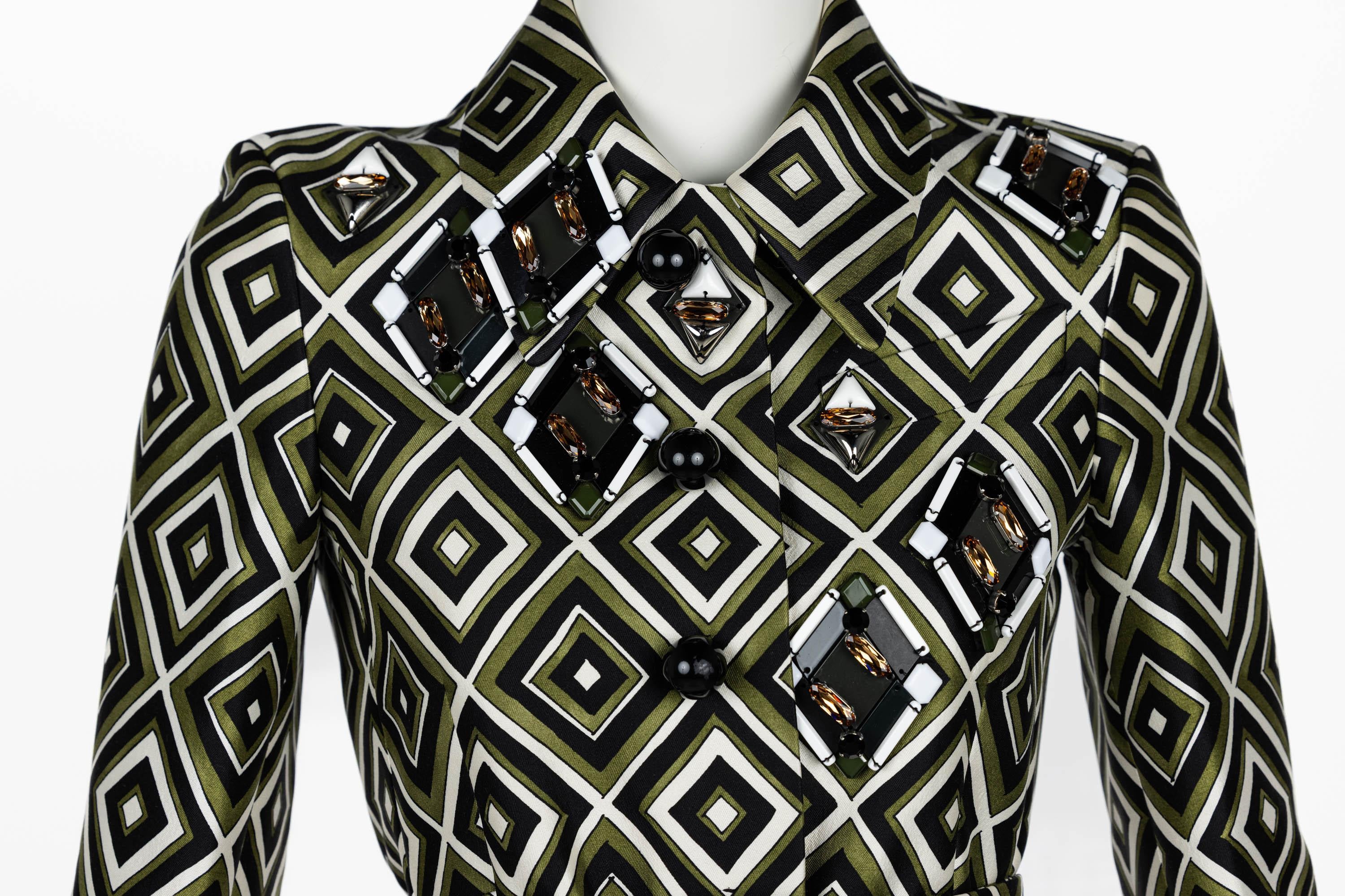 Prada F/W 2012 Geometric Print Crystal & Plexi Embellished Belted Jacket In Excellent Condition In Boca Raton, FL
