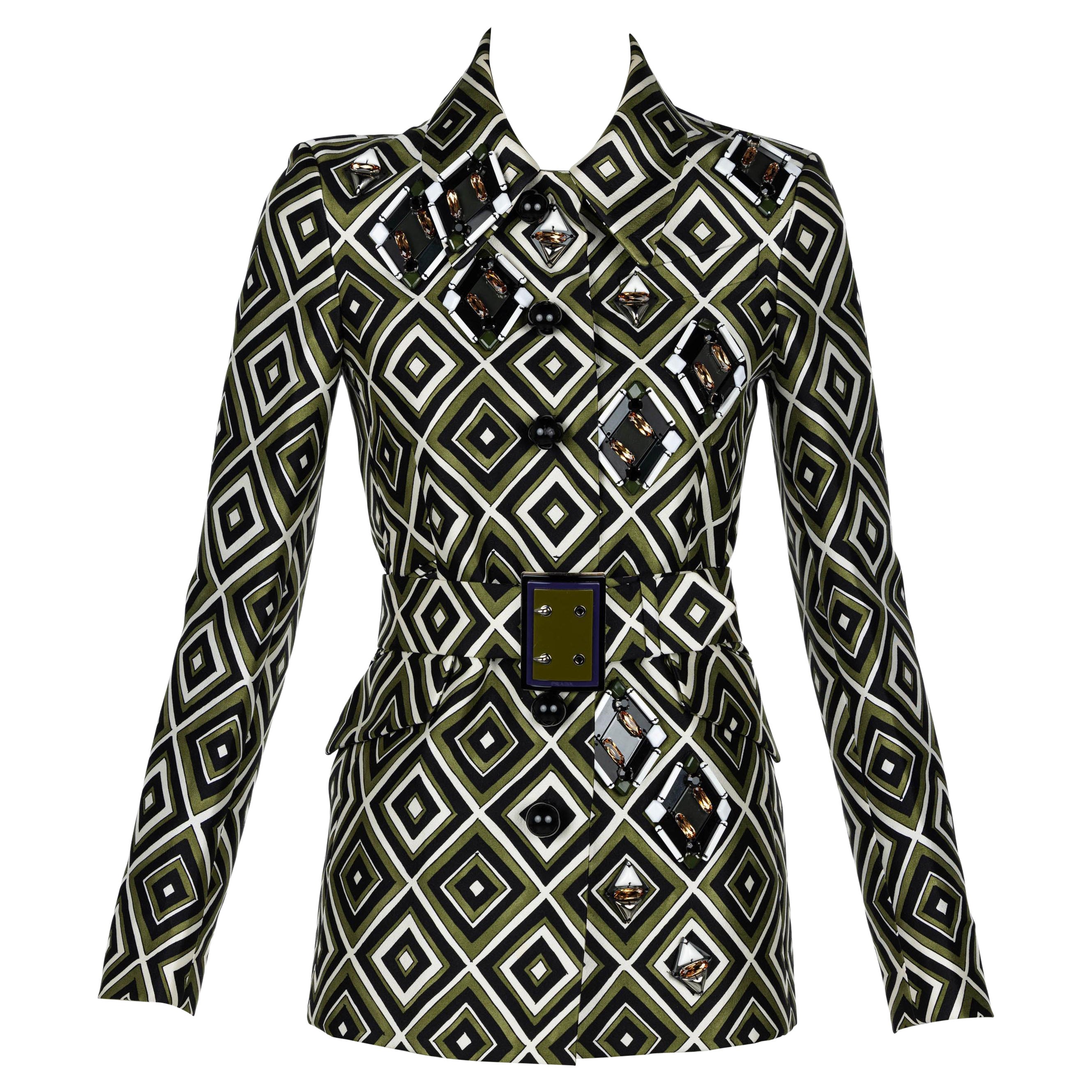Prada F/W 2012 Geometric Print Crystal & Plexi Embellished Belted Jacket For Sale