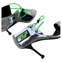 Prada F/W 2018 Runway Silver Techno Sport Lace-Up Heels with Neon Green Cord