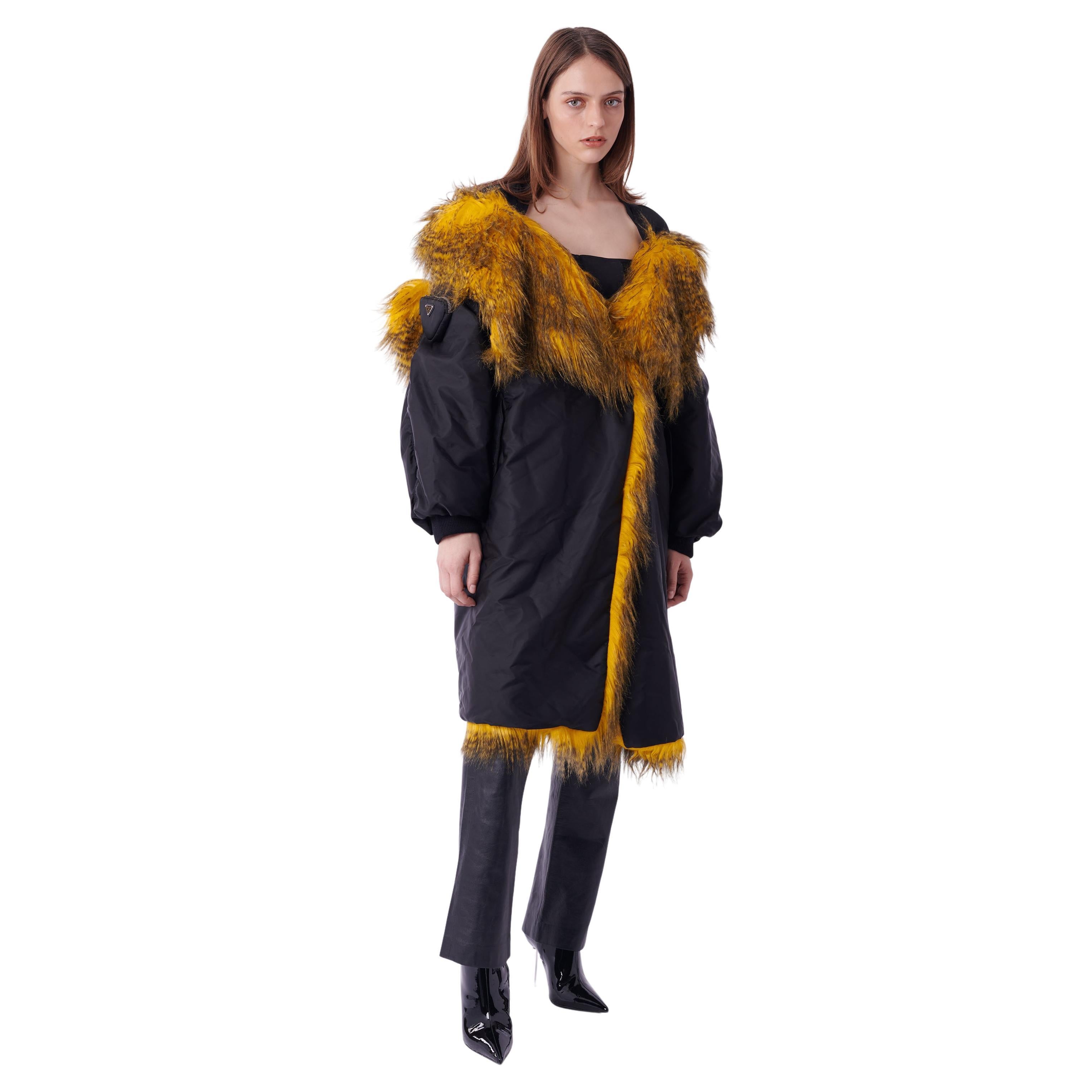 Prada  F/W 2021 Runway Nylon Black and Yellow Hooded Coat