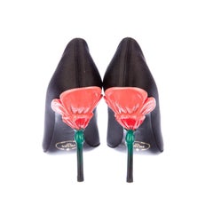 Prada Fairy Collection Black Satin Peep Toe Sculpted Flower Heel Shoes 34.5