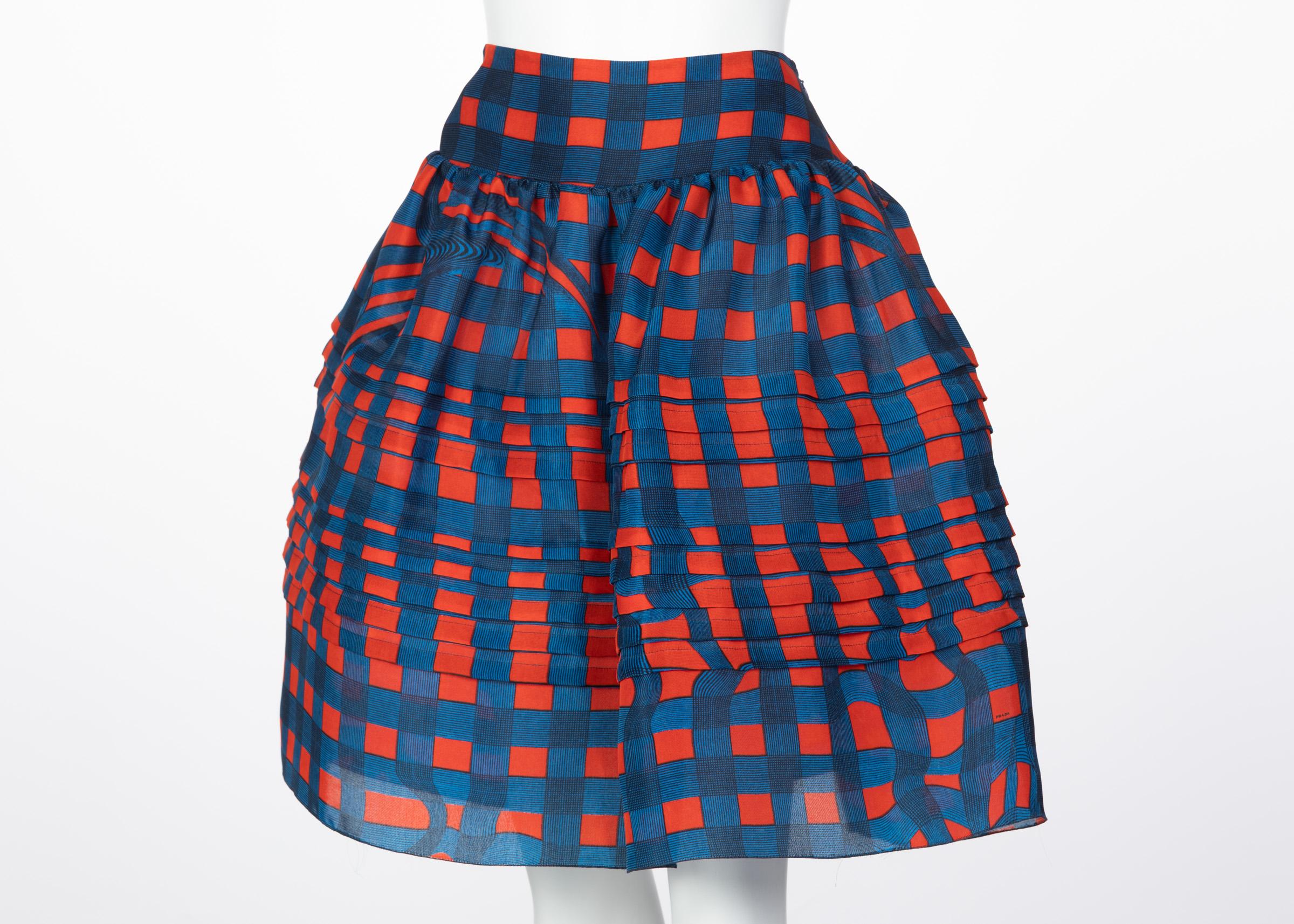 Prada Fairy Collection Red Blue Plaid Silk Skirt, 2008 In New Condition In Boca Raton, FL