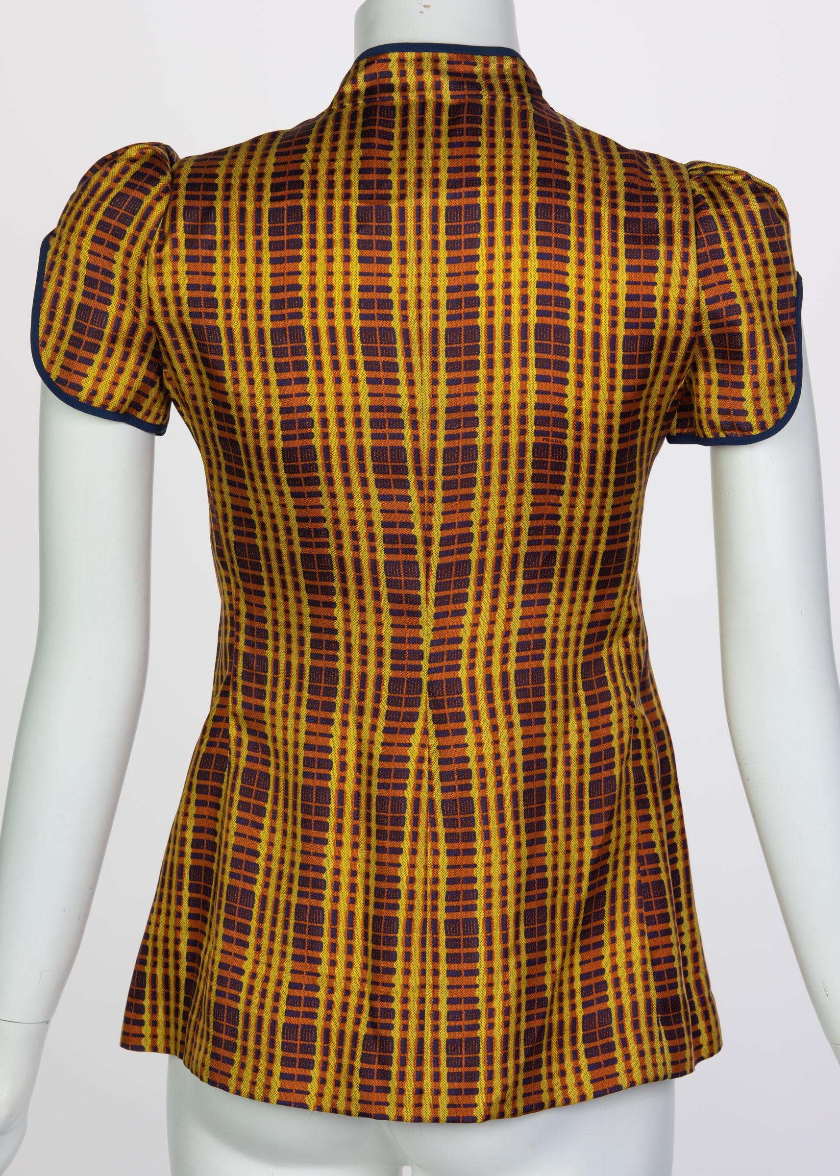 Prada Fairy Collection Silk Cut Out Yellow Plaid Blouse Spring 2008 In Excellent Condition In Boca Raton, FL