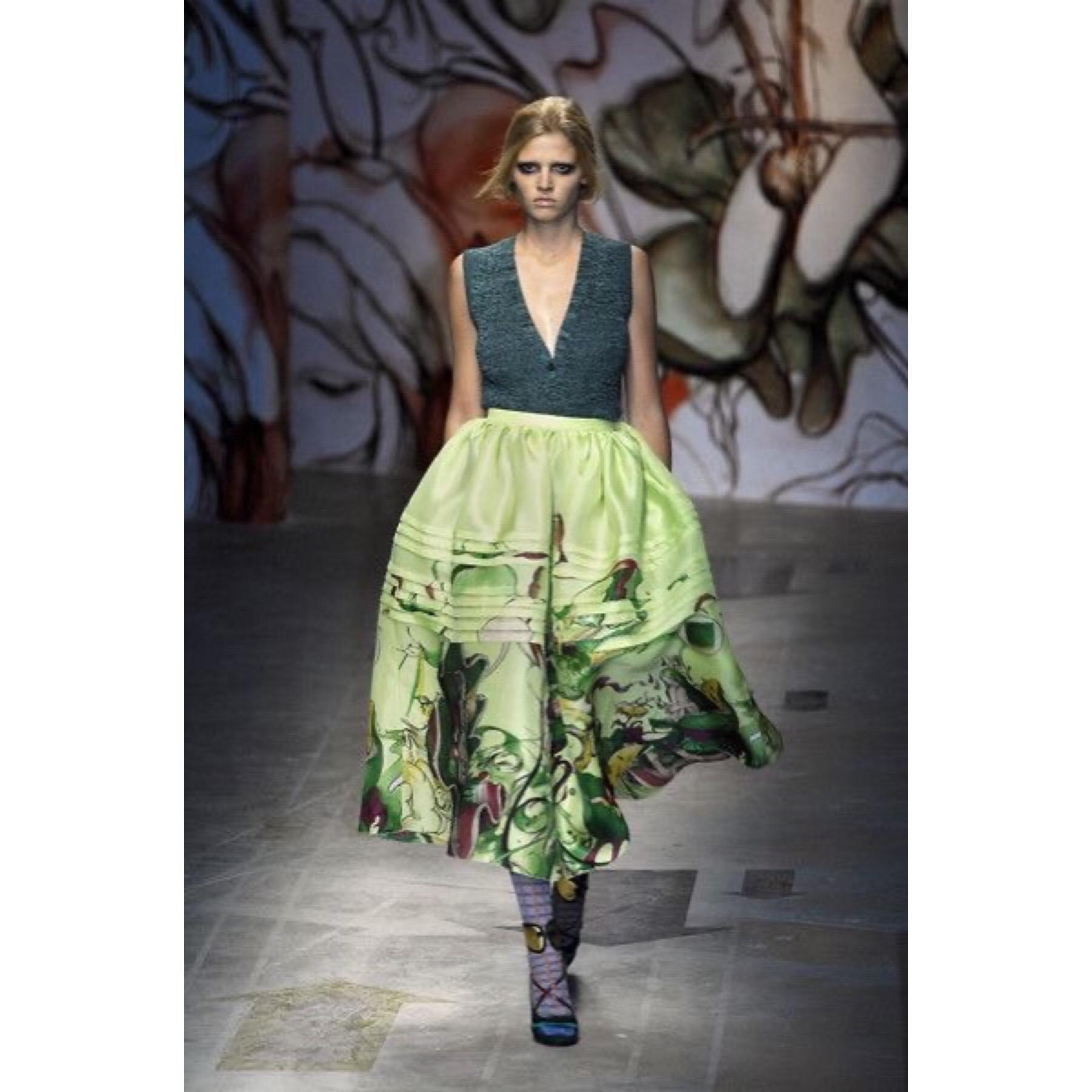 Continuing the fanciful story of the Prada 2008 collection, a whimsical watercolor touch exemplifies the mood of the fairy collection. With a motif designed by Taiwanese artist, James Jean, this Prada skirt carries with it a demure, magical aura.
