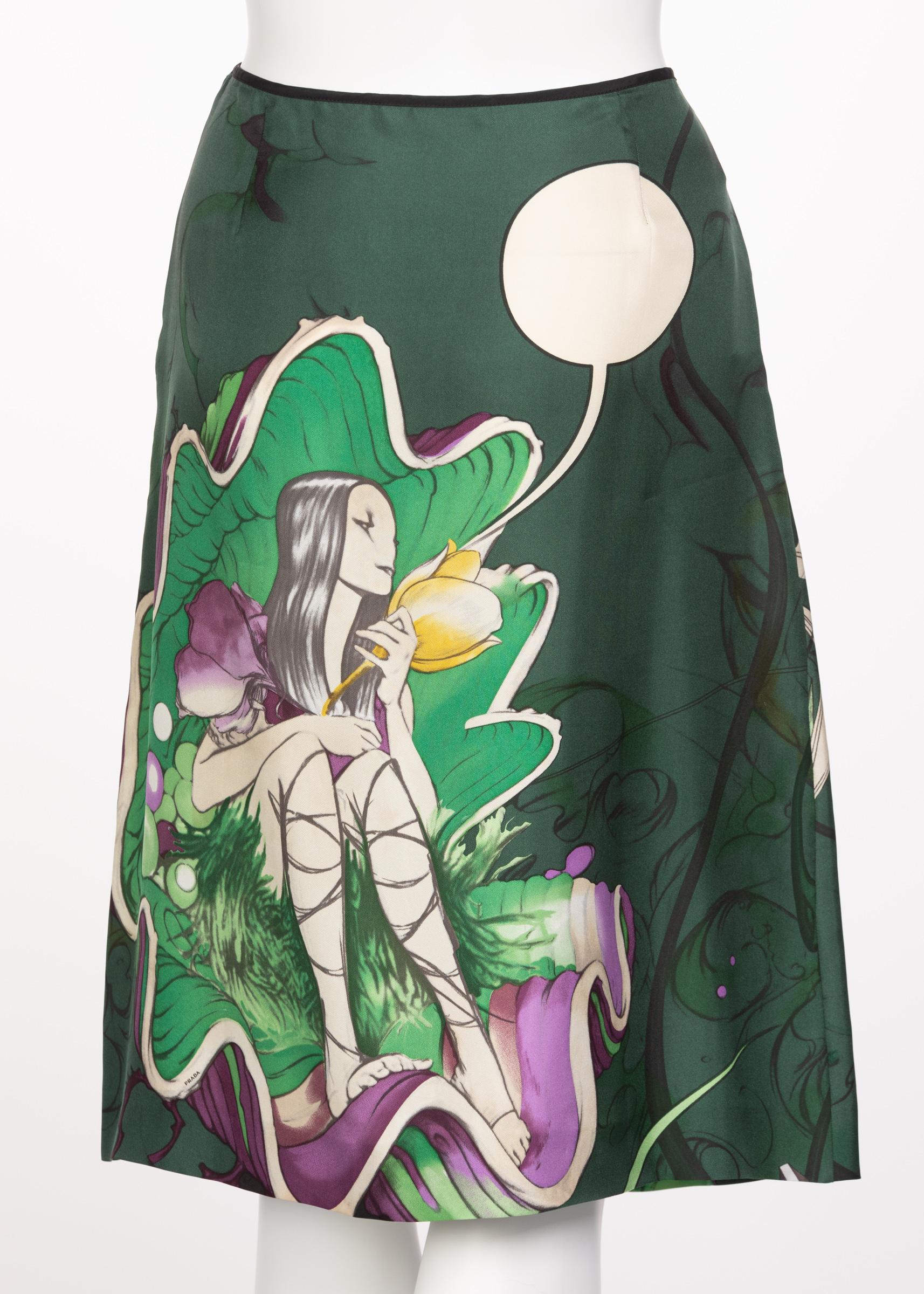 Prada Fairy James Jean Emerald Green Print Silk Skirt, 2008 In Excellent Condition In Boca Raton, FL