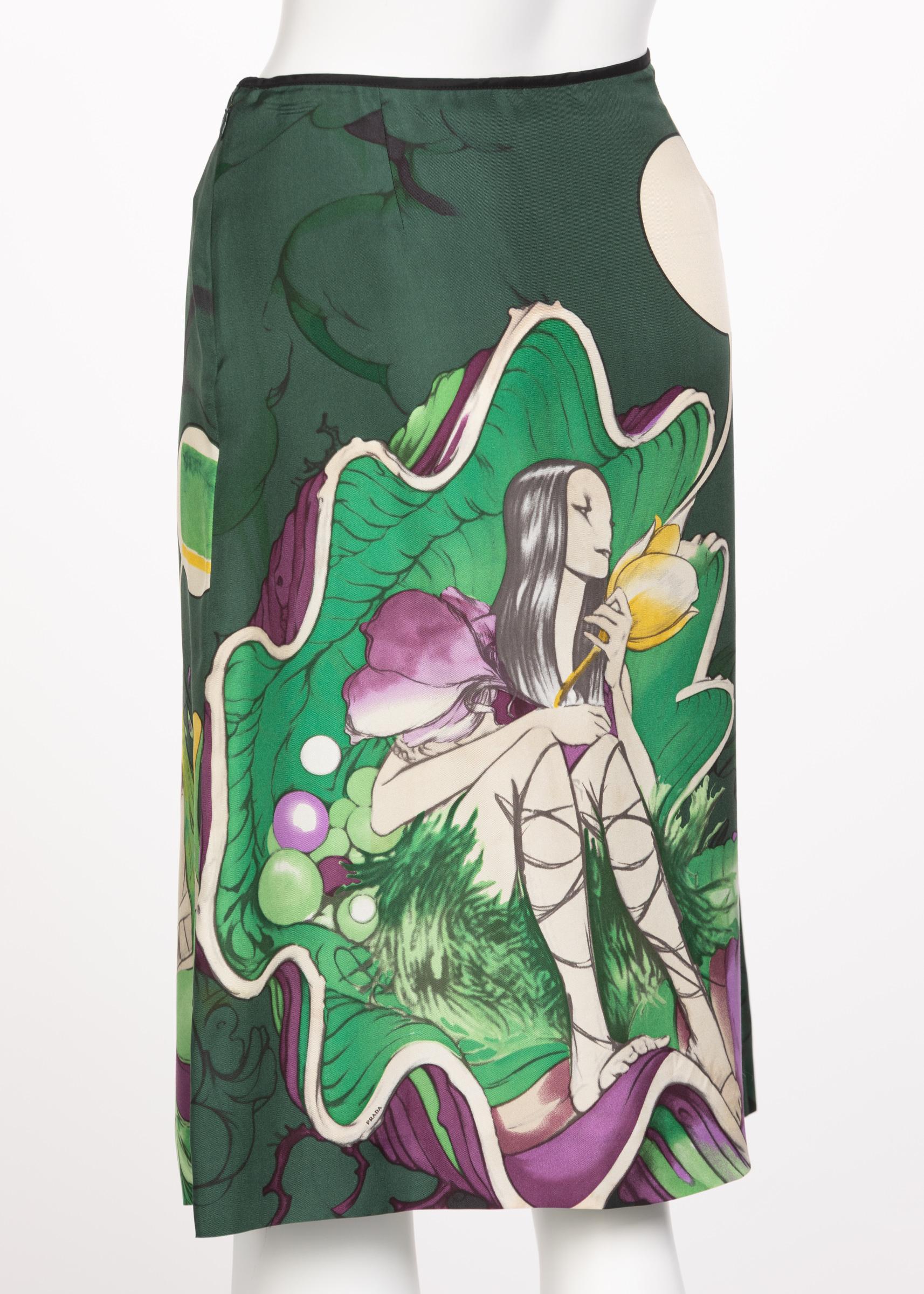 Prada Fairy James Jean Emerald Green Print Silk Skirt, 2008 1