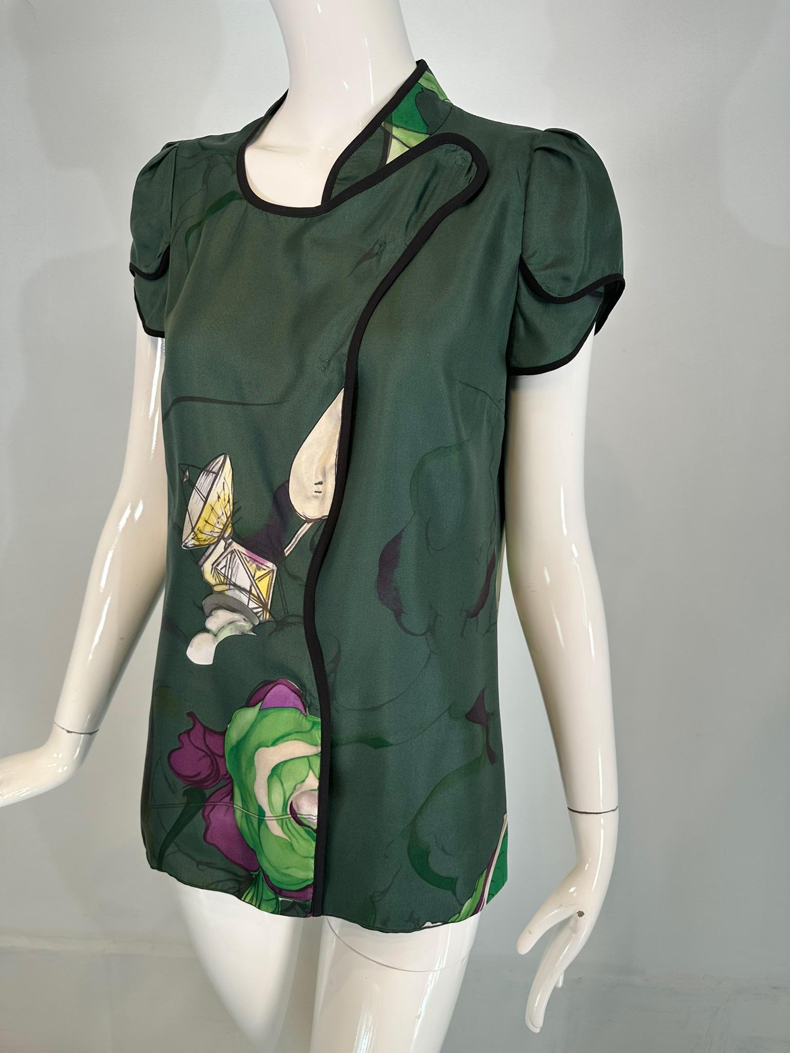 From one of Muccia Prada's most imaginative collections, the fairy collection with art by James Jean S/S 2008 runway collection in forest green silk with petal sleeves, castles & clouds blouse/top. Closes at the front side with hidden snaps. The