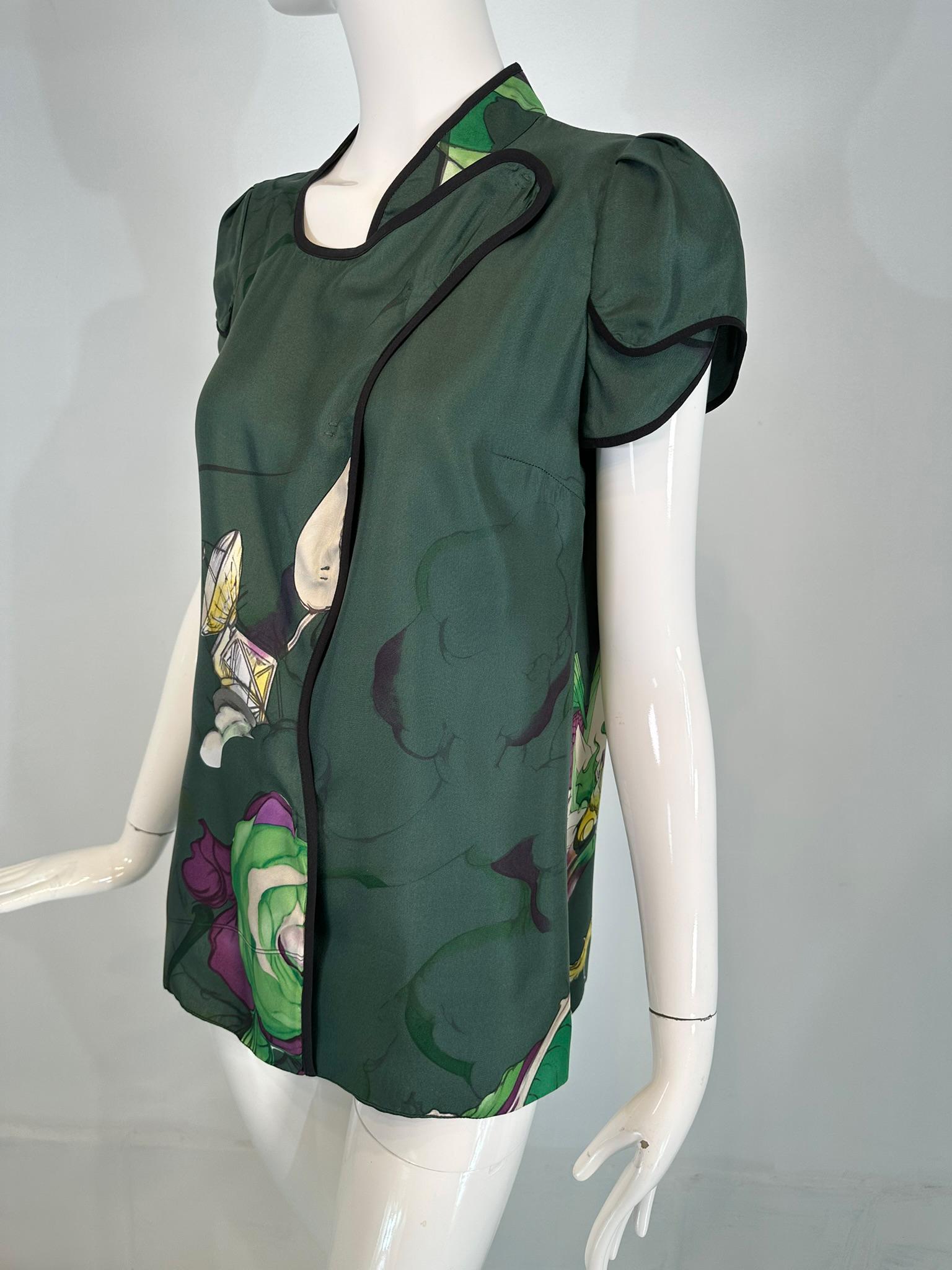 Prada Fairy James Jean Spring 2008 Forest Green Print Silk Top In Good Condition For Sale In West Palm Beach, FL