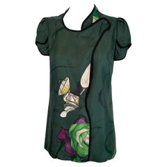 Prada Fairy James Jean Spring 2008 Forest Green Print Silk Top
