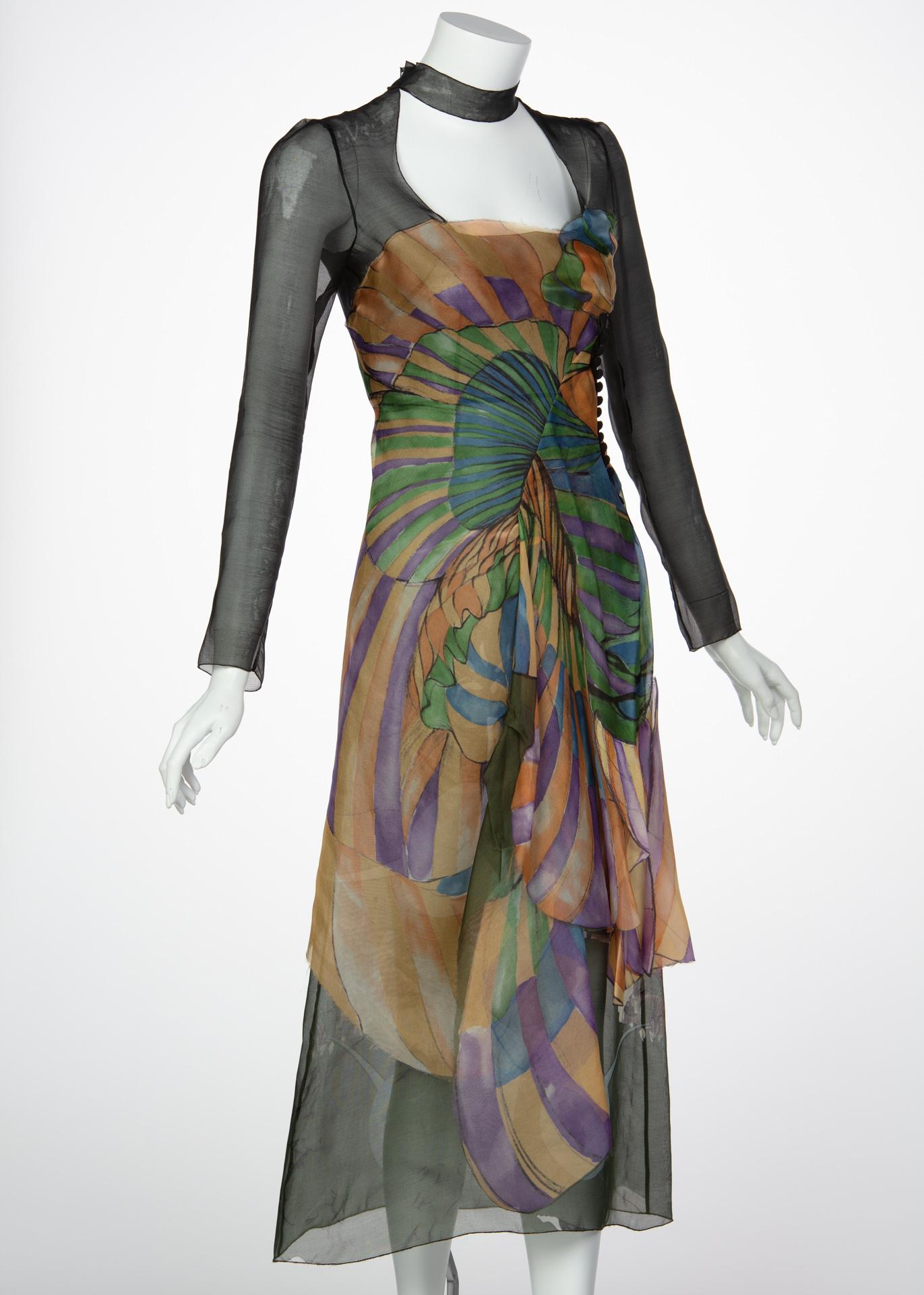 Prada Fairy Runway Black Printed Silk Dress Runway Spring 2008 In Excellent Condition For Sale In Boca Raton, FL