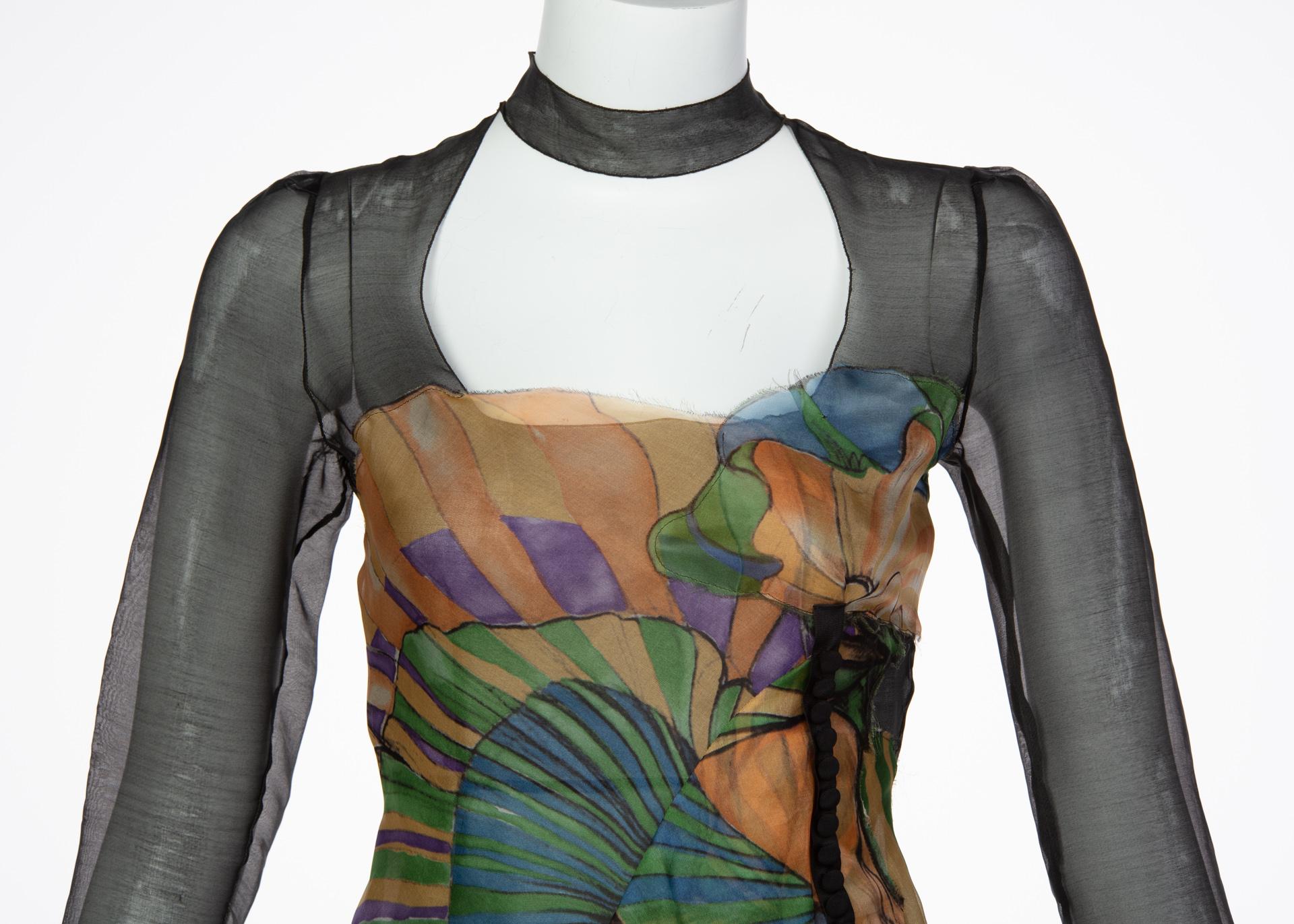 Prada Fairy Runway Black Printed Silk Dress Runway Spring 2008 For Sale 2
