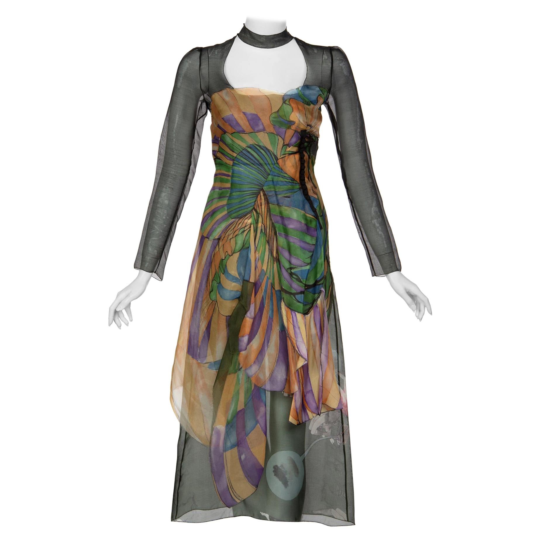 Prada Fairy Runway Black Printed Silk Dress Runway Spring 2008 For Sale