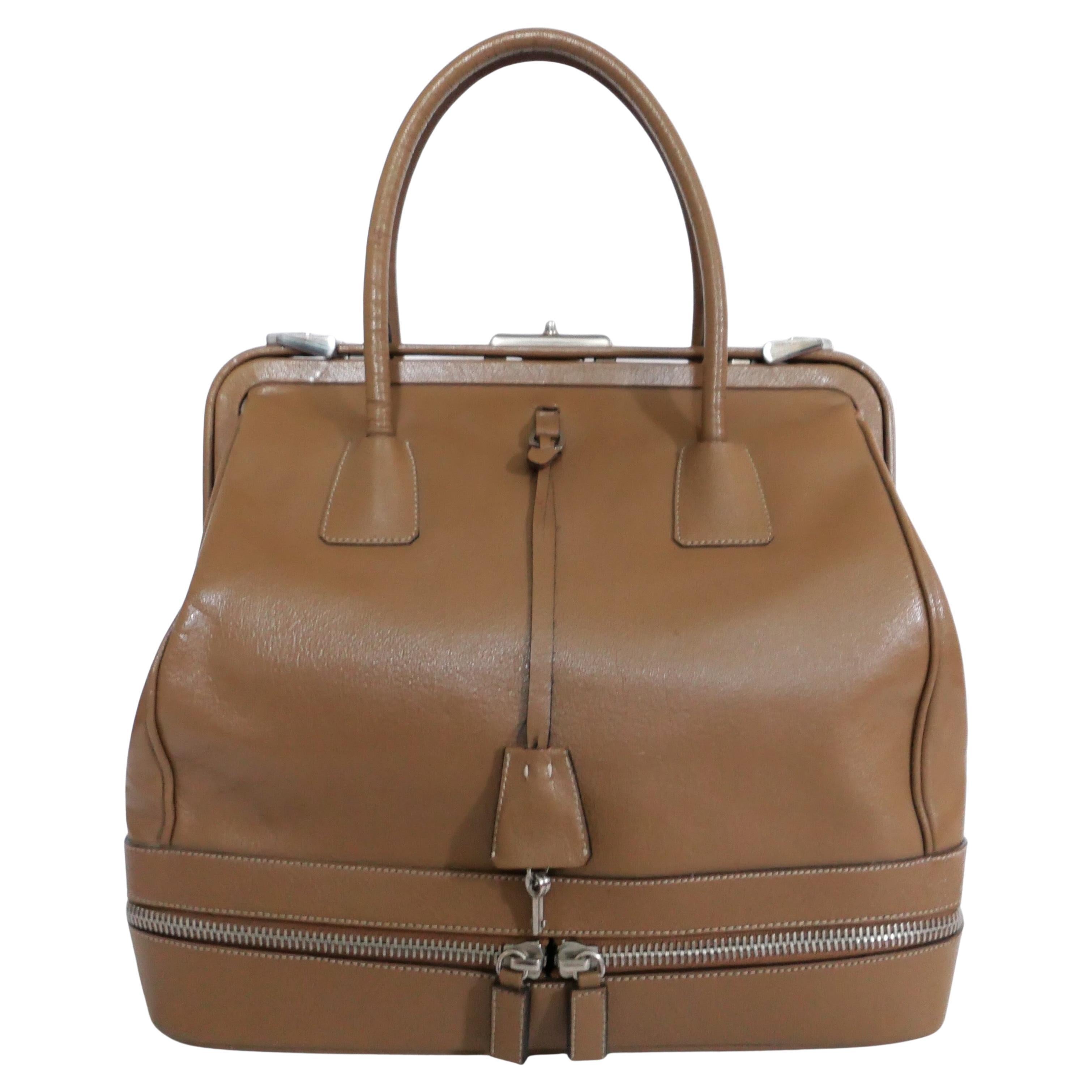 Prada Fall 2000 Camel Leather Zip Base Doctor's Bag For Sale