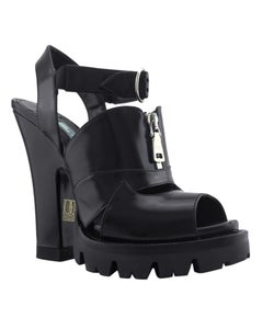 Prada Fall 2013 Runway Black Leather Heeled Sandals with Chunky Treads 37.5