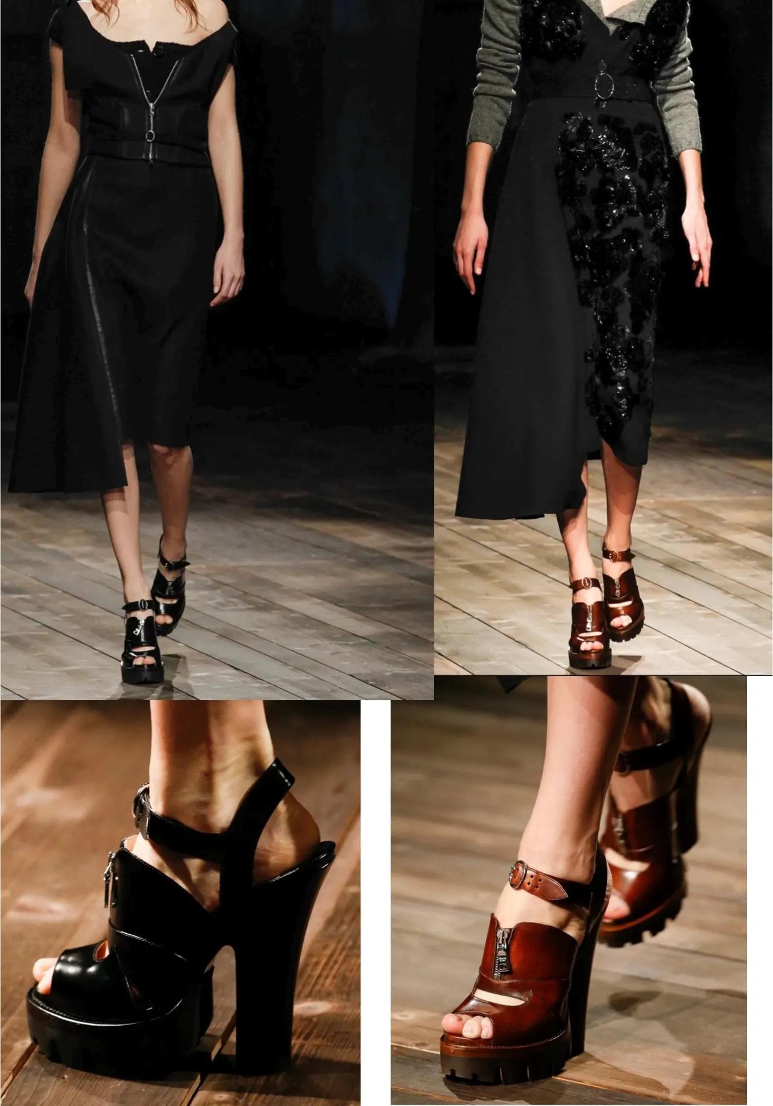 Prada Otoño 2013 Pasarela Sandalias de tacón de piel negra con tacos gruesos 37.5 Negro en venta