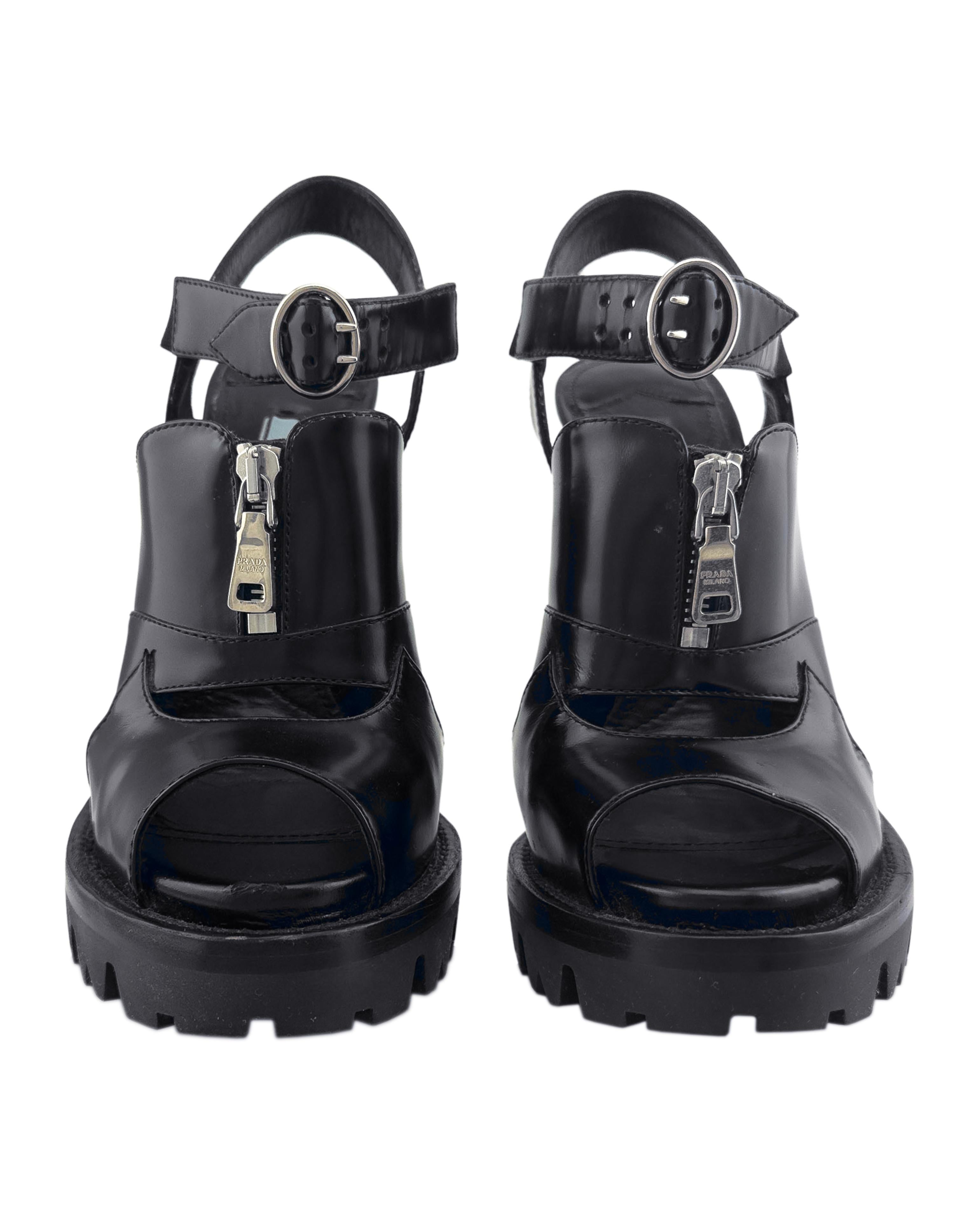 De las mujeres Prada Otoño 2013 Pasarela Sandalias de tacón de piel negra con tacos gruesos 37.5 en venta