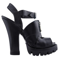 Prada Fall 2013 Runway Black Leather Heeled Sandals with Chunky Treads 37.5