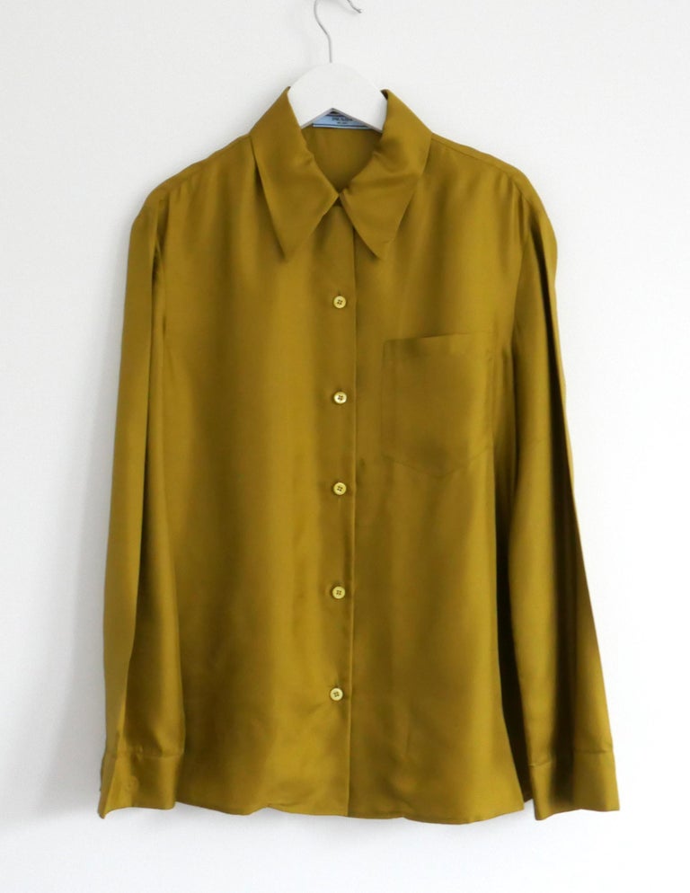 Prada Fall 2015 Chartreuse Green Silk Shirt For Sale at 1stDibs