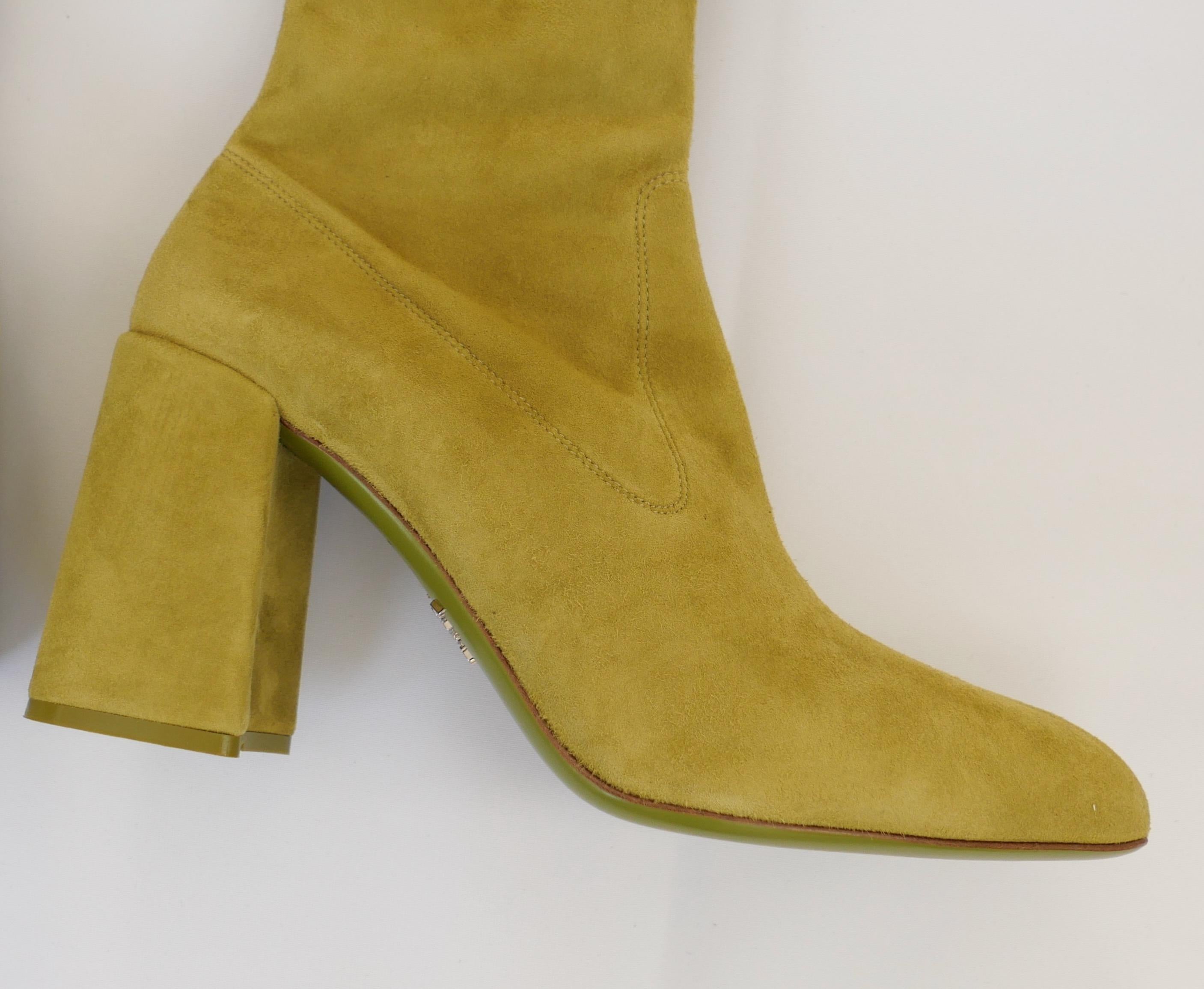 Brown Prada Fall 2015 Chartreuse Suede Over The Knee Boots For Sale