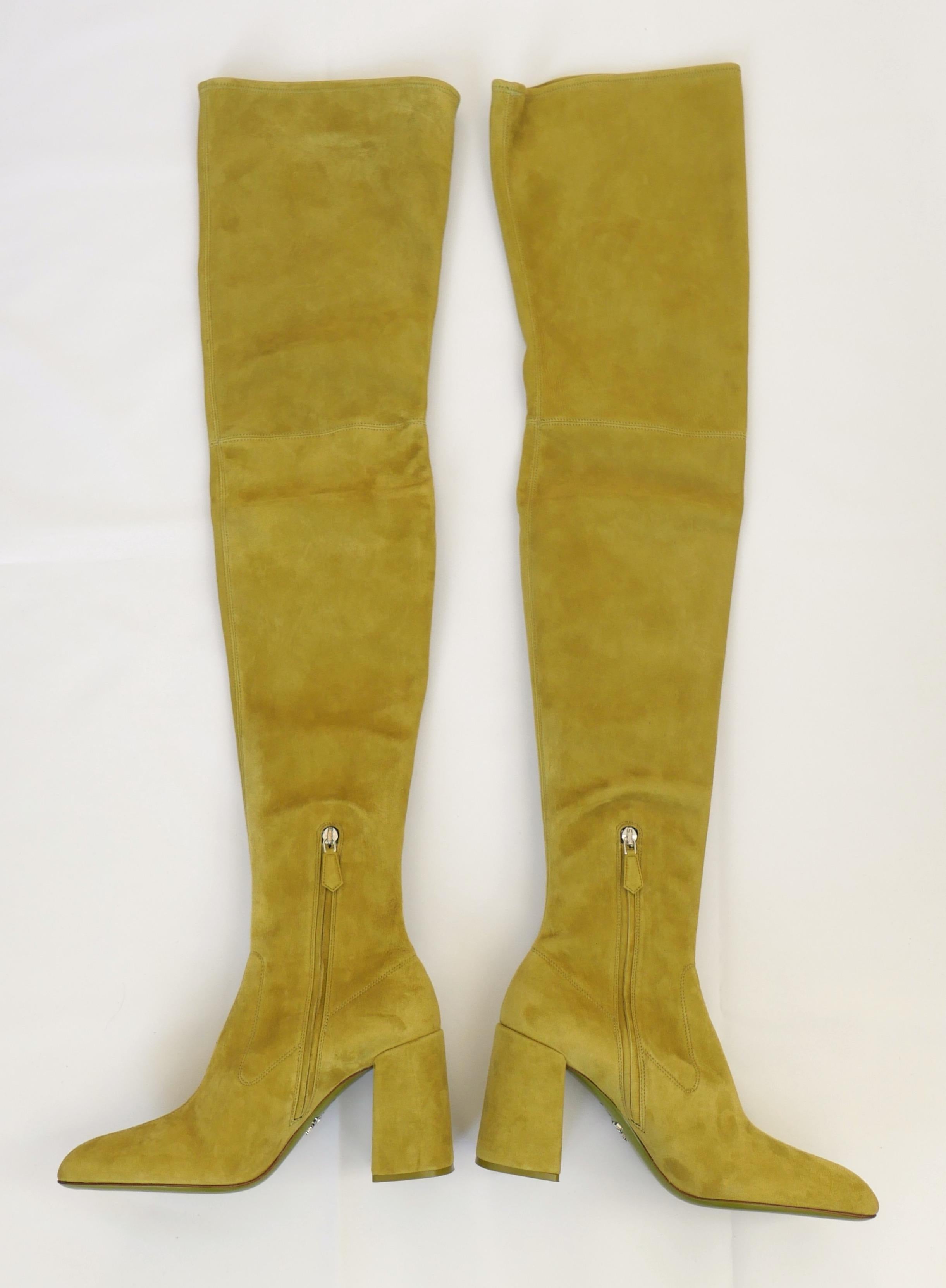 Women's Prada Fall 2015 Chartreuse Suede Over The Knee Boots For Sale