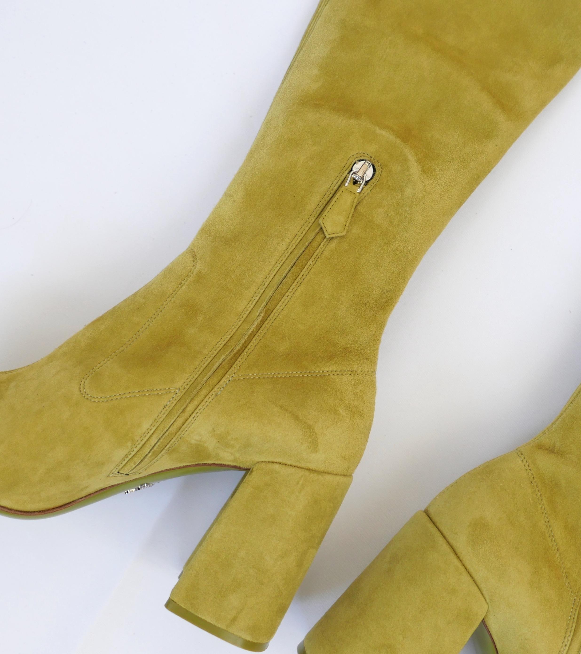 Prada Fall 2015 Chartreuse Suede Over The Knee Boots For Sale 1