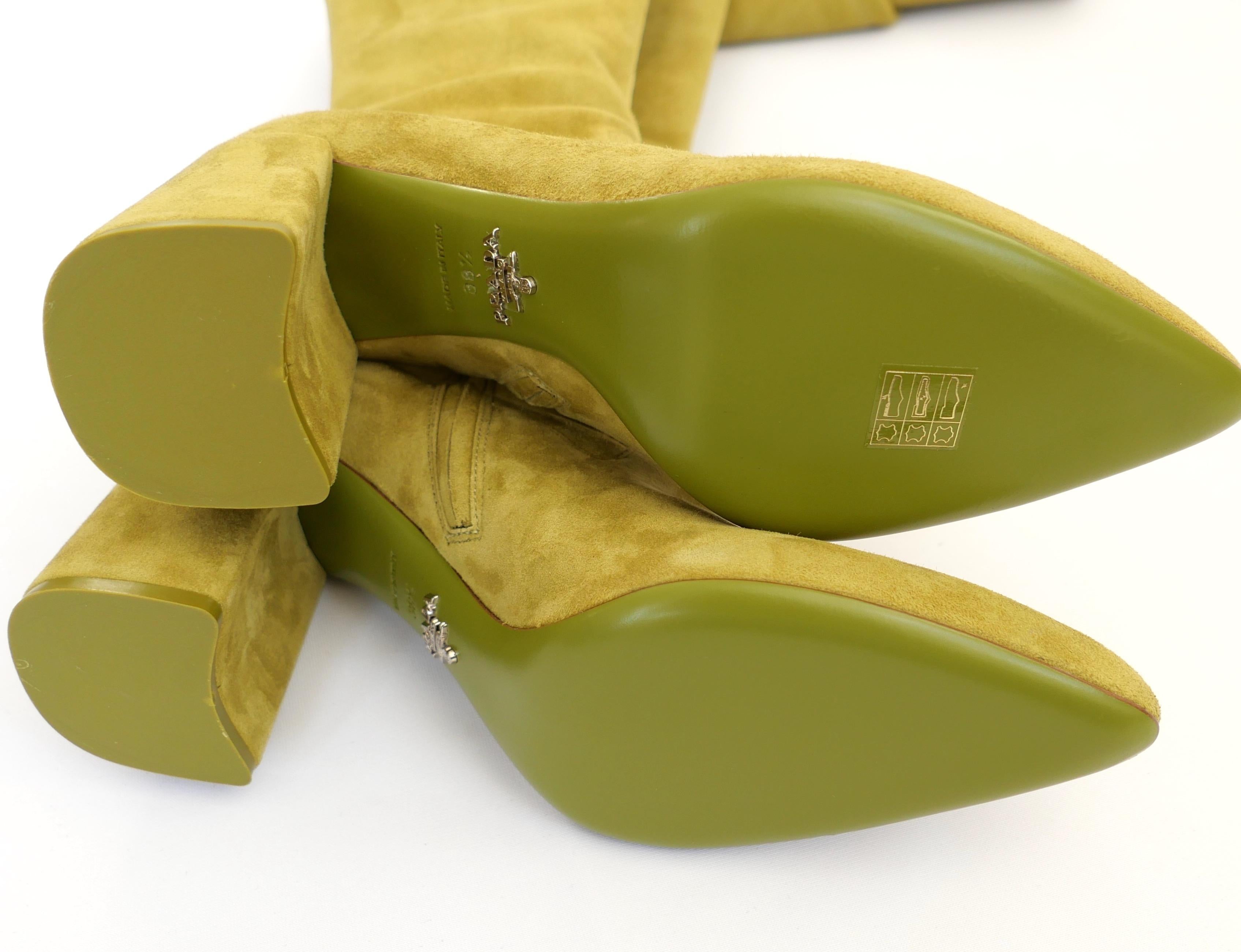 Prada Fall 2015 Chartreuse Suede Over The Knee Boots For Sale 4