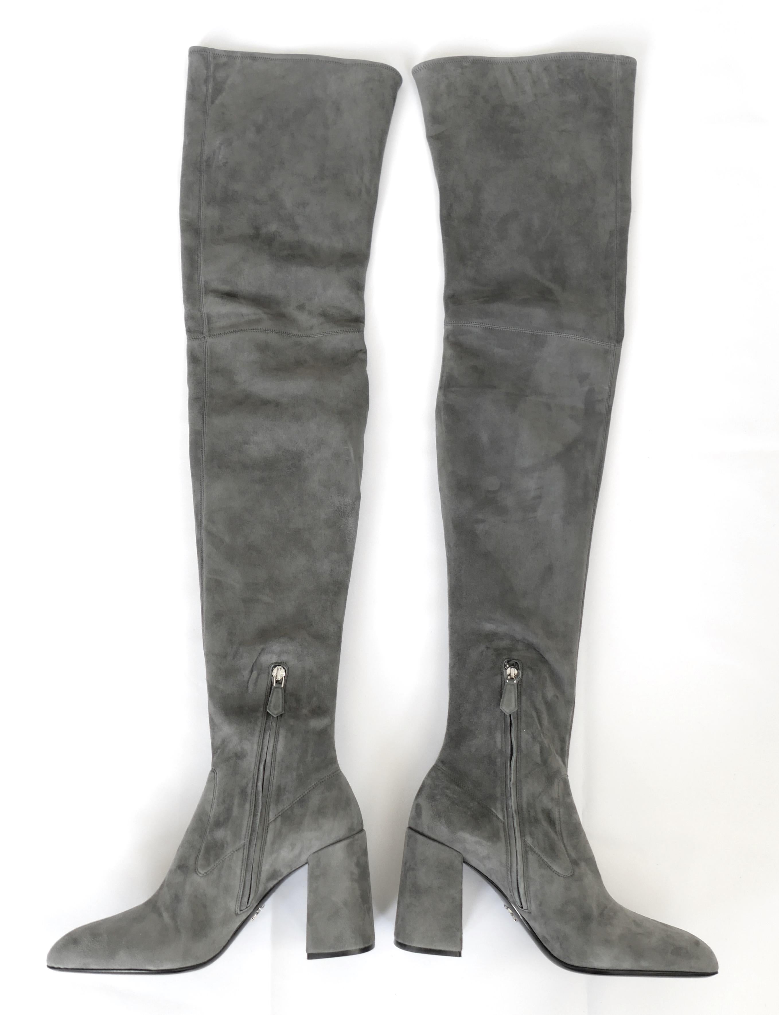 Gray Prada Fall 2015 Grey Suede Over The Knee Boots For Sale