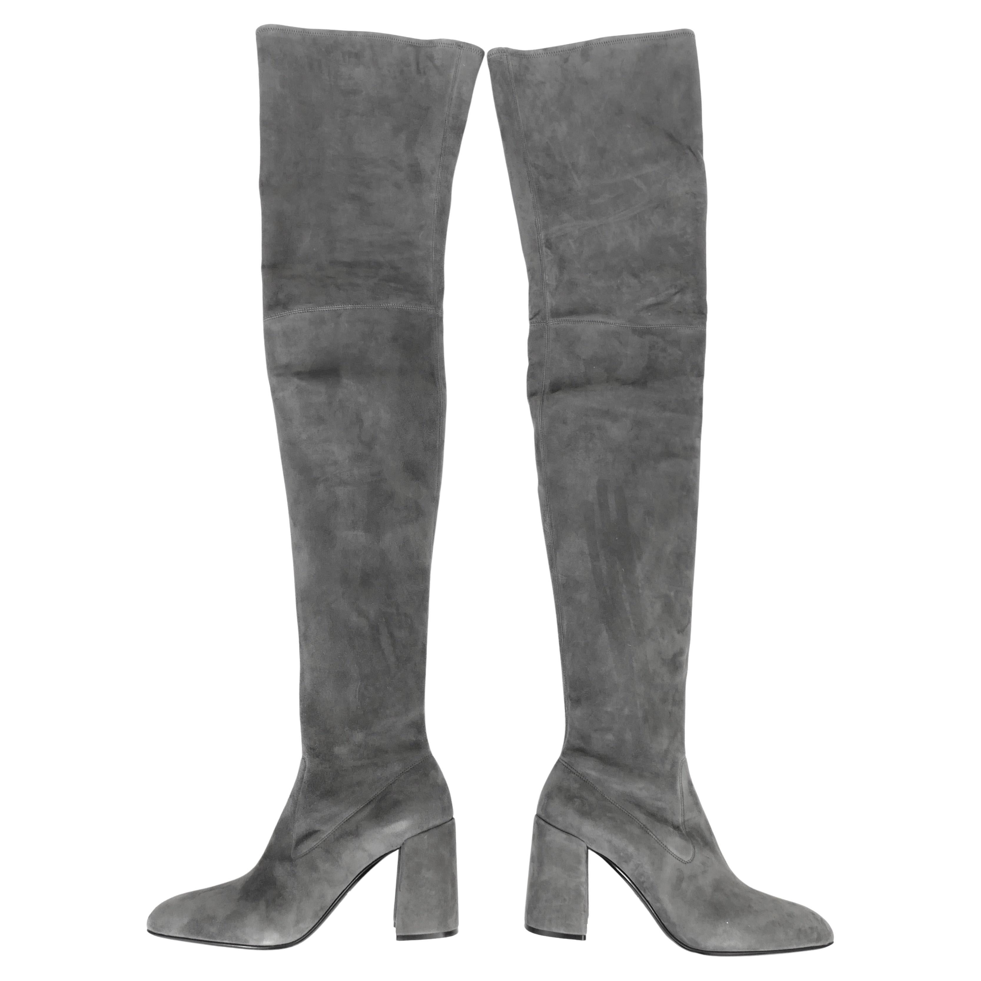 Prada Fall 2015 Grey Suede Over The Knee Boots For Sale