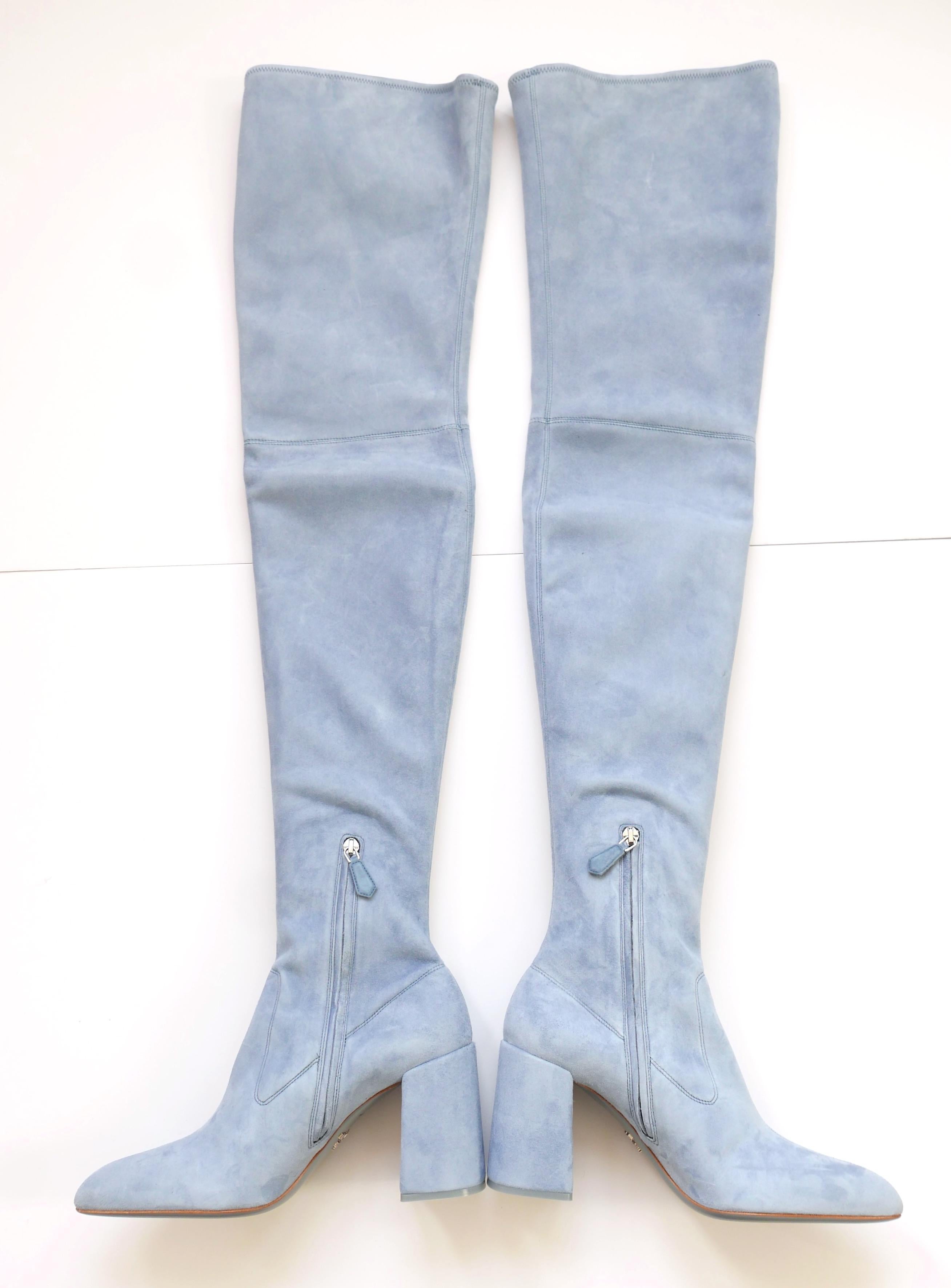 Absolutely divine Prada over the knee thigh high boots from the Fall 2015 collection. Bought for £1750 and unworn with box and 2 x long dustbags (box shows a little wear). Made from super soft powder blue stretchy suede, they have chunky heels,