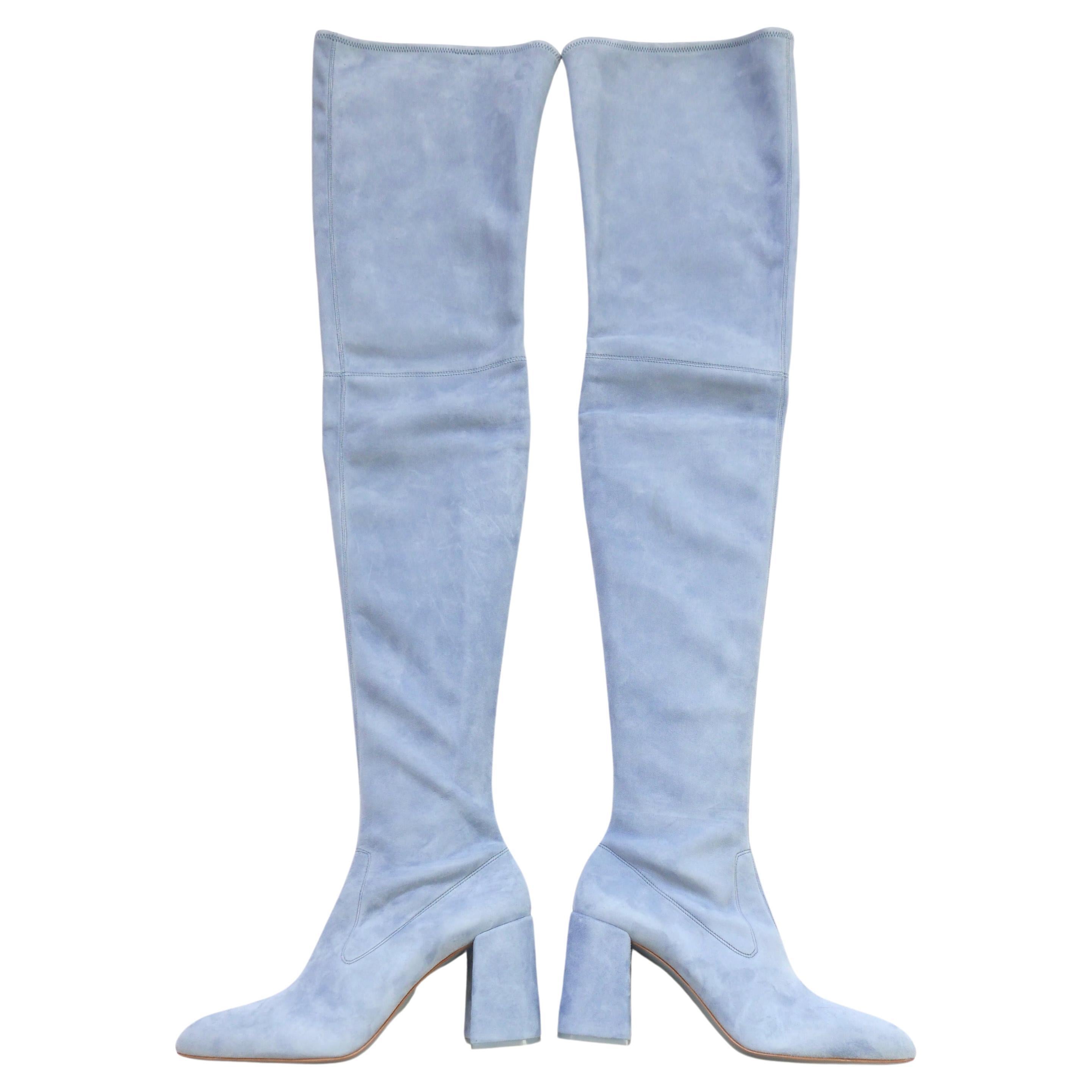 Prada Fall 2015 Powder Blue Suede Over The  Knee Boots For Sale