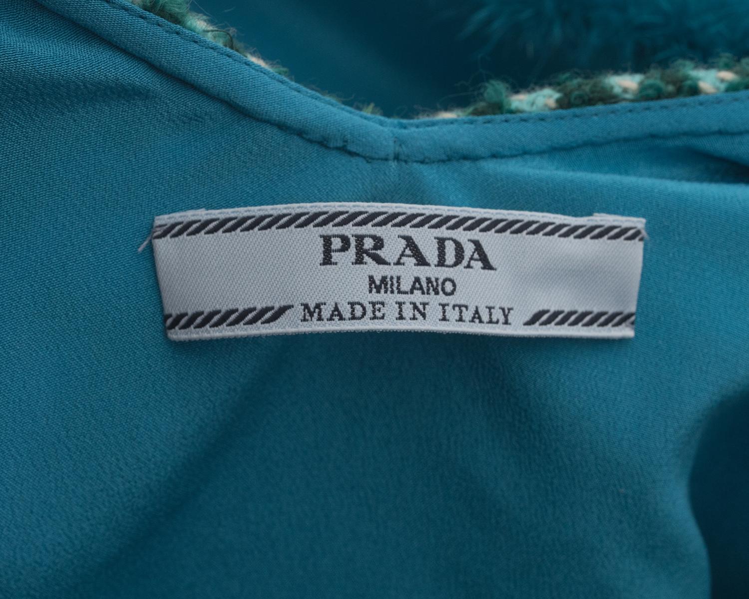 Prada Fall 2015 Runway Green Tweed Sleeveless Top with Blue Mink Trim - 6 6