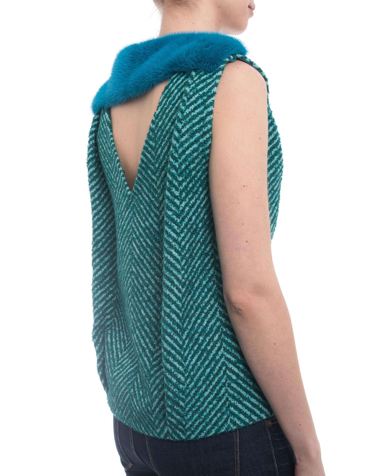 Prada Fall 2015 Runway Green Tweed Sleeveless Top with Blue Mink Trim - 6 1