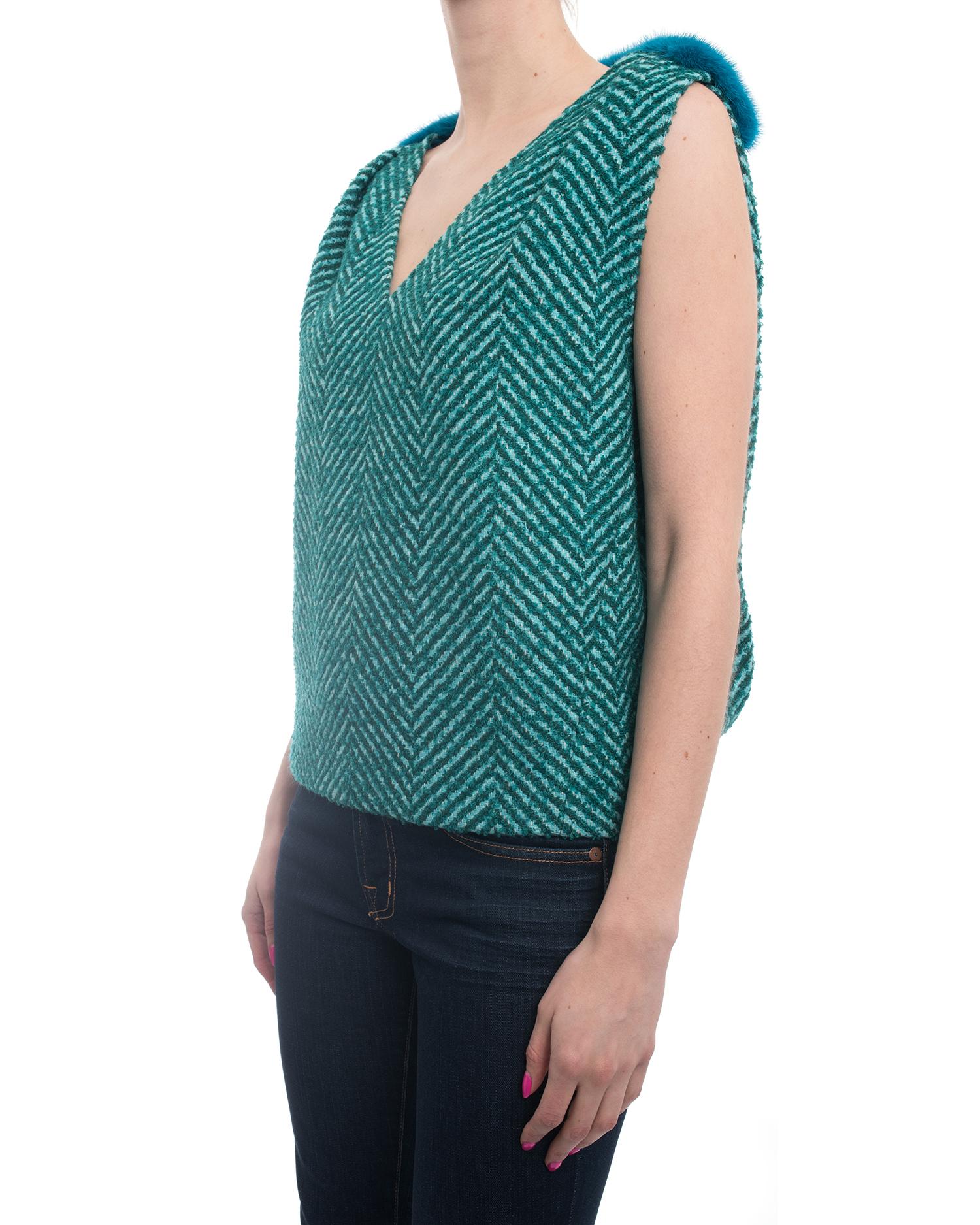 Prada Fall 2015 Runway Green Tweed Sleeveless Top with Blue Mink Trim - 6 2