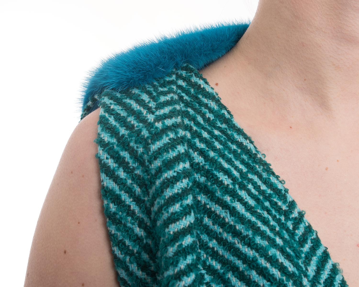 Prada Fall 2015 Runway Green Tweed Sleeveless Top with Blue Mink Trim - 6 3