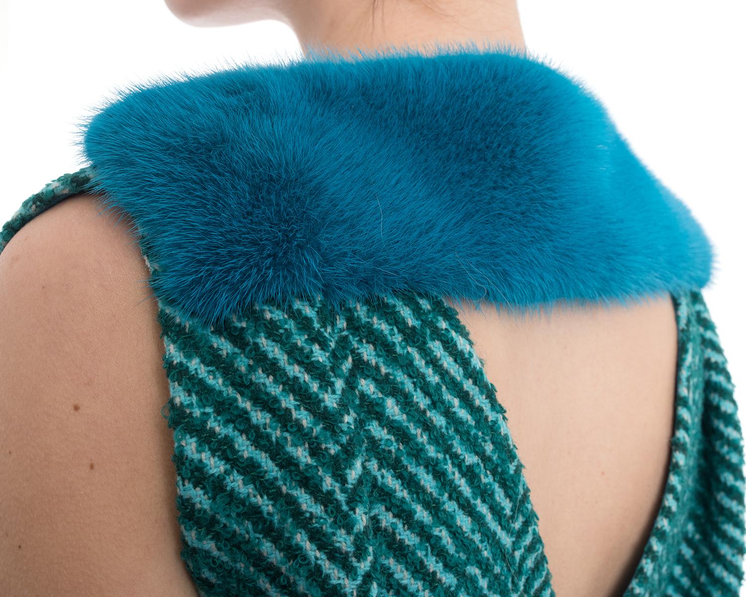 Prada Fall 2015 Runway Green Tweed Sleeveless Top with Blue Mink Trim - 6 4