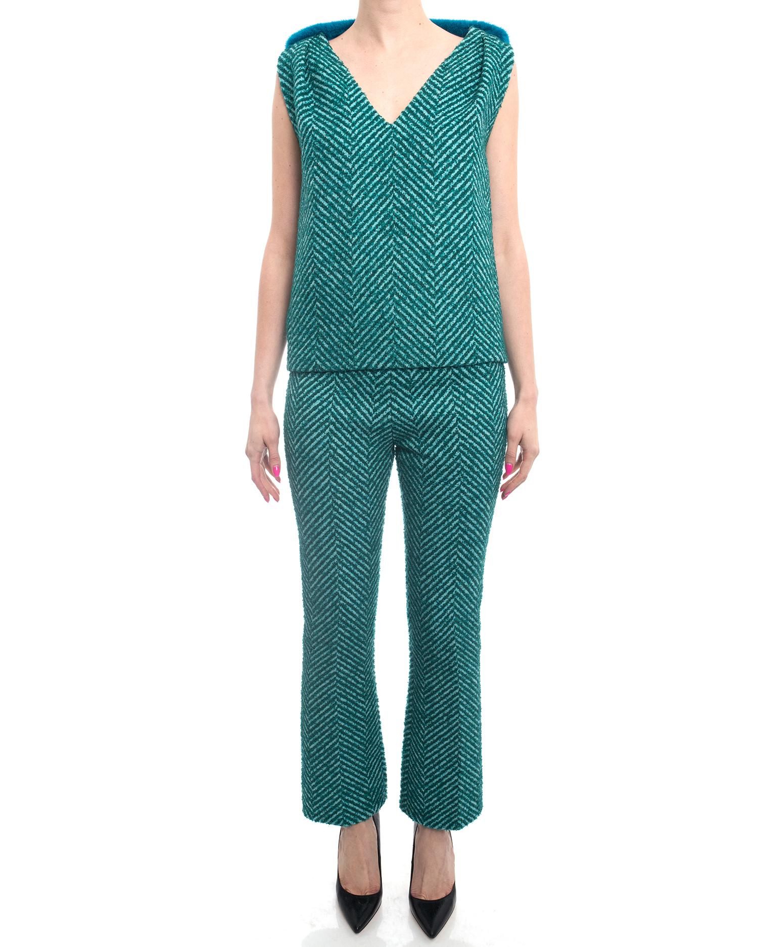 Prada Fall 2015 Runway Green Tweed Sleeveless Top with Blue Mink Trim - 6 5