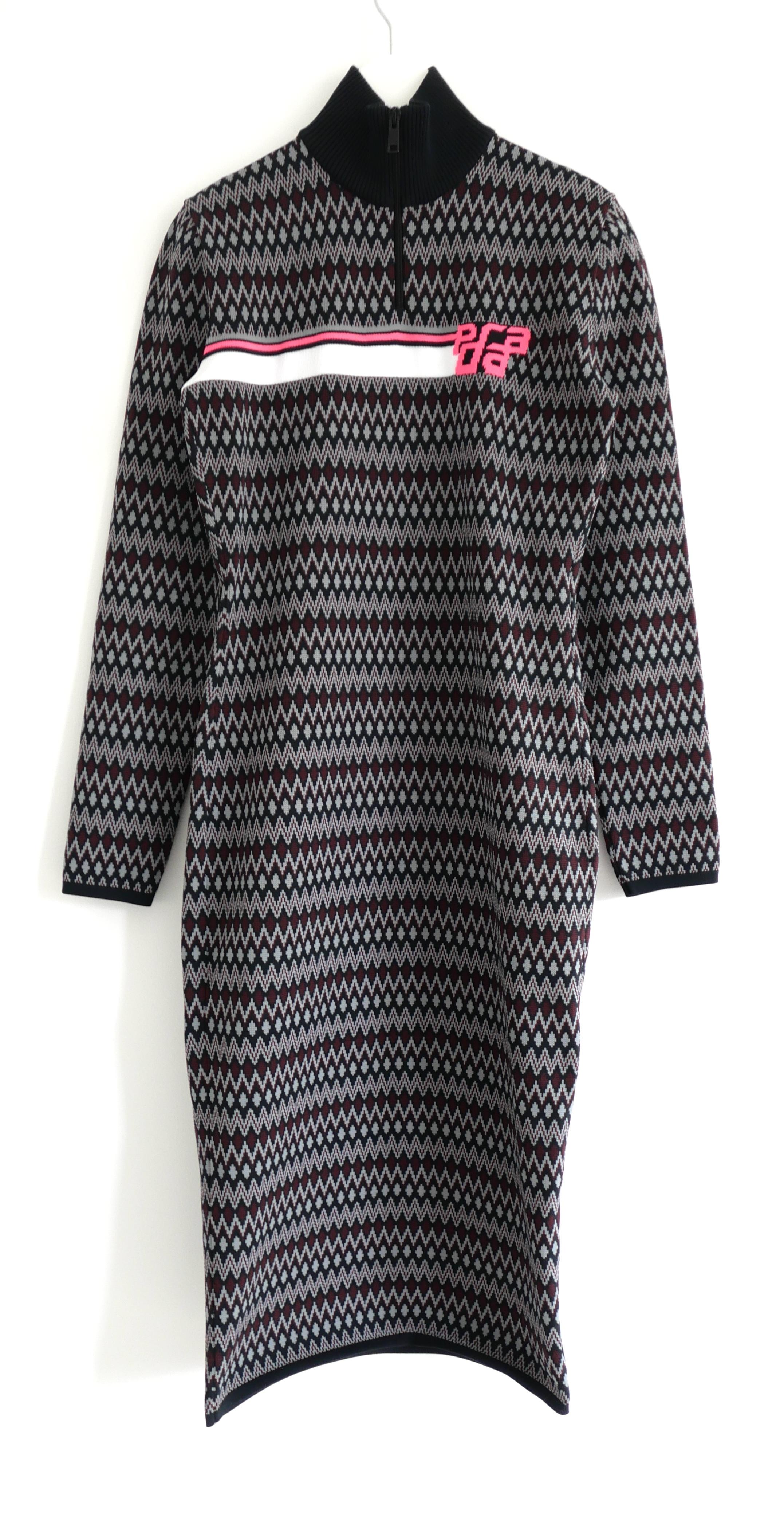 Futuristic cool Prada body con sweater dress from the Fall 2018 collection - Look 17 on runway. Unworn. Made from super stretchy zigzag pattern polyester knit with neon pink logo to the front. It has a high zip neck with Prada fob and long, slim
